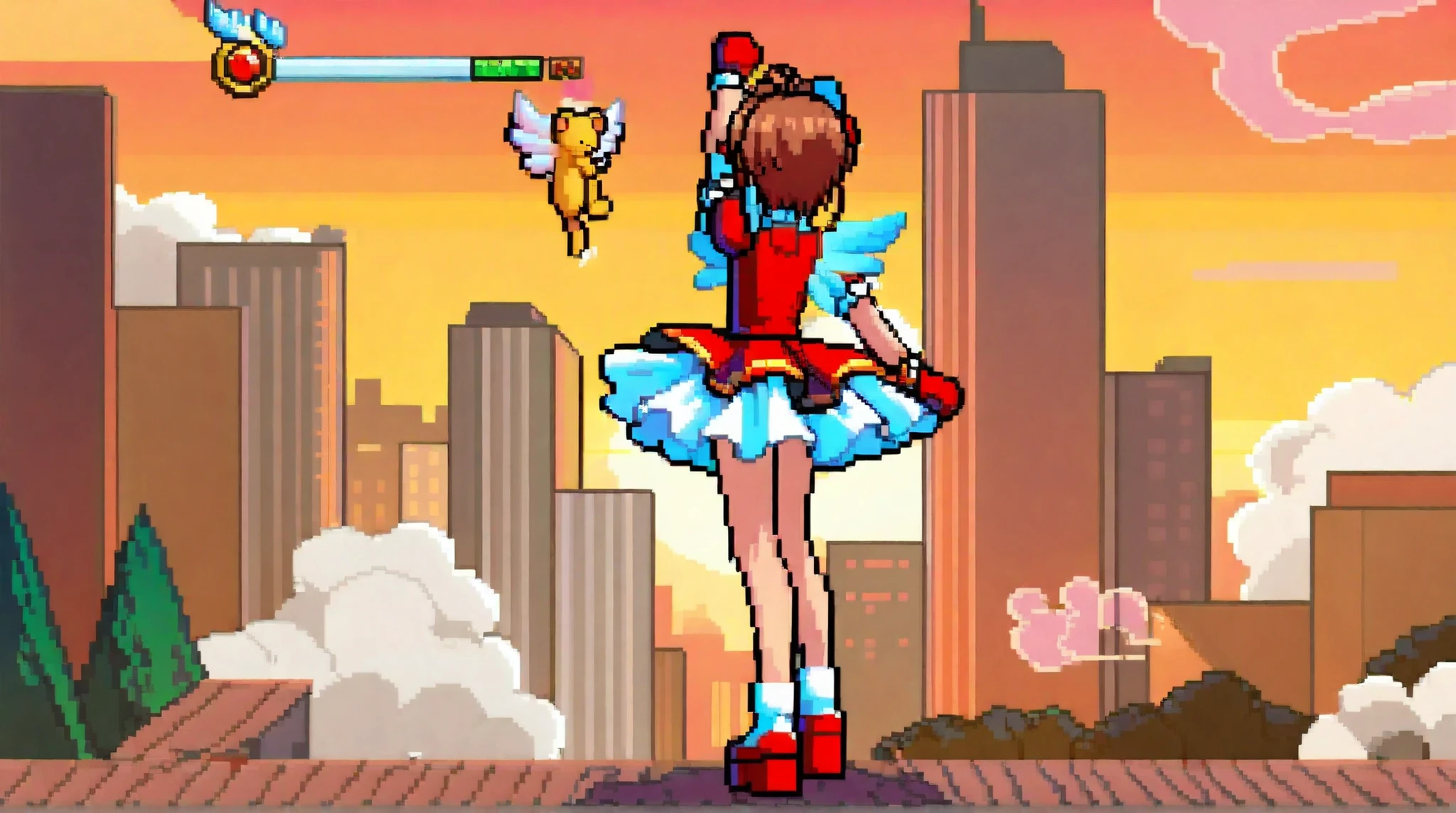 masterpiece, newest, absurdres, safe, kinomoto sakura, Sakura card captors, magic girl uniform, game style, platform game, sunset, city, pixel art, smoke, health bar, fight pose