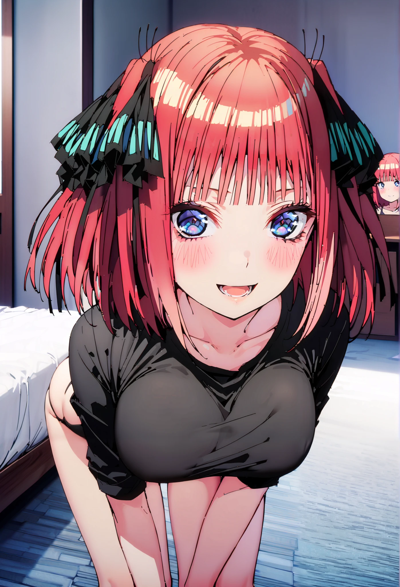 Nijino Nino , short hair, bangs, blue eyes, hair ornaments close to the garden, hair bow, pink hair, blunt bangs, two side up, butterfly hair ornaments close to the garden,smile,blush,opens her mouth,black string panties,Big Breasts, Chest Valley, slouching forward, down blouse that shifts the chest, loose tee black shirt,Bare legs, Interior , beautiful scenery,morning,Jiebing,so that the whole body is in the illustration, break indoors, bedroom,
break looking at viewer,
break (masterpiece:1.2),Highest quality , kampala, Unity 8K Wallpaper ,(shape:0.8),( fine, beautiful eyes :1.6),It's a person , full body photo,CG Details , (perfect hands, complete anatomy),