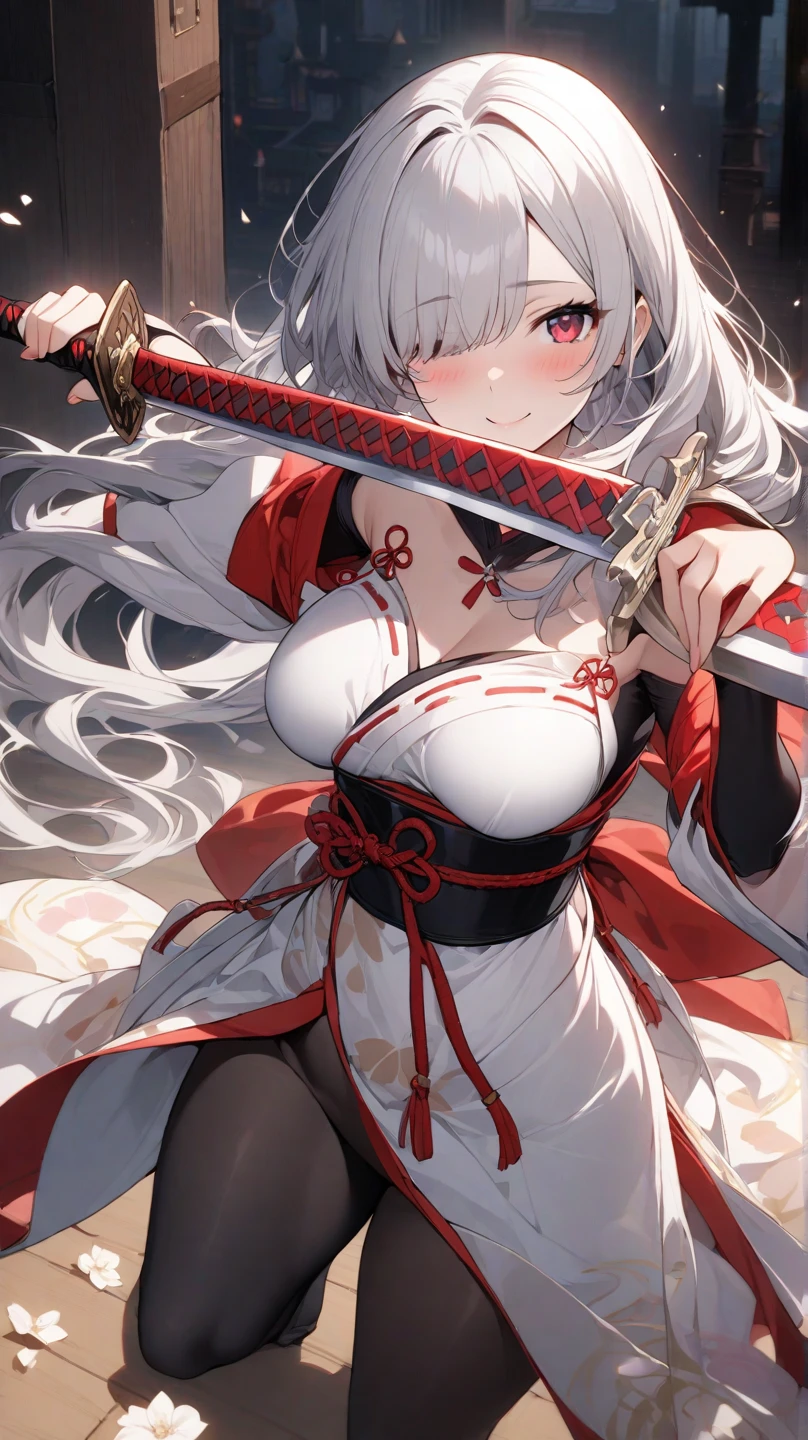 (masterpiece, best quality:1.5), (ultra detailed, high resolution, 8k, beautiful detailed, UHD, best anatomy), 1 cute girl, white hair, medium breasts, Women's Hakama, Japanese Samurai, Japanese sword, sword dance,