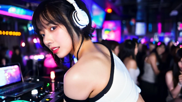 young female dj、naked and topless、wet and sweaty, headphones、punk、Sparkling