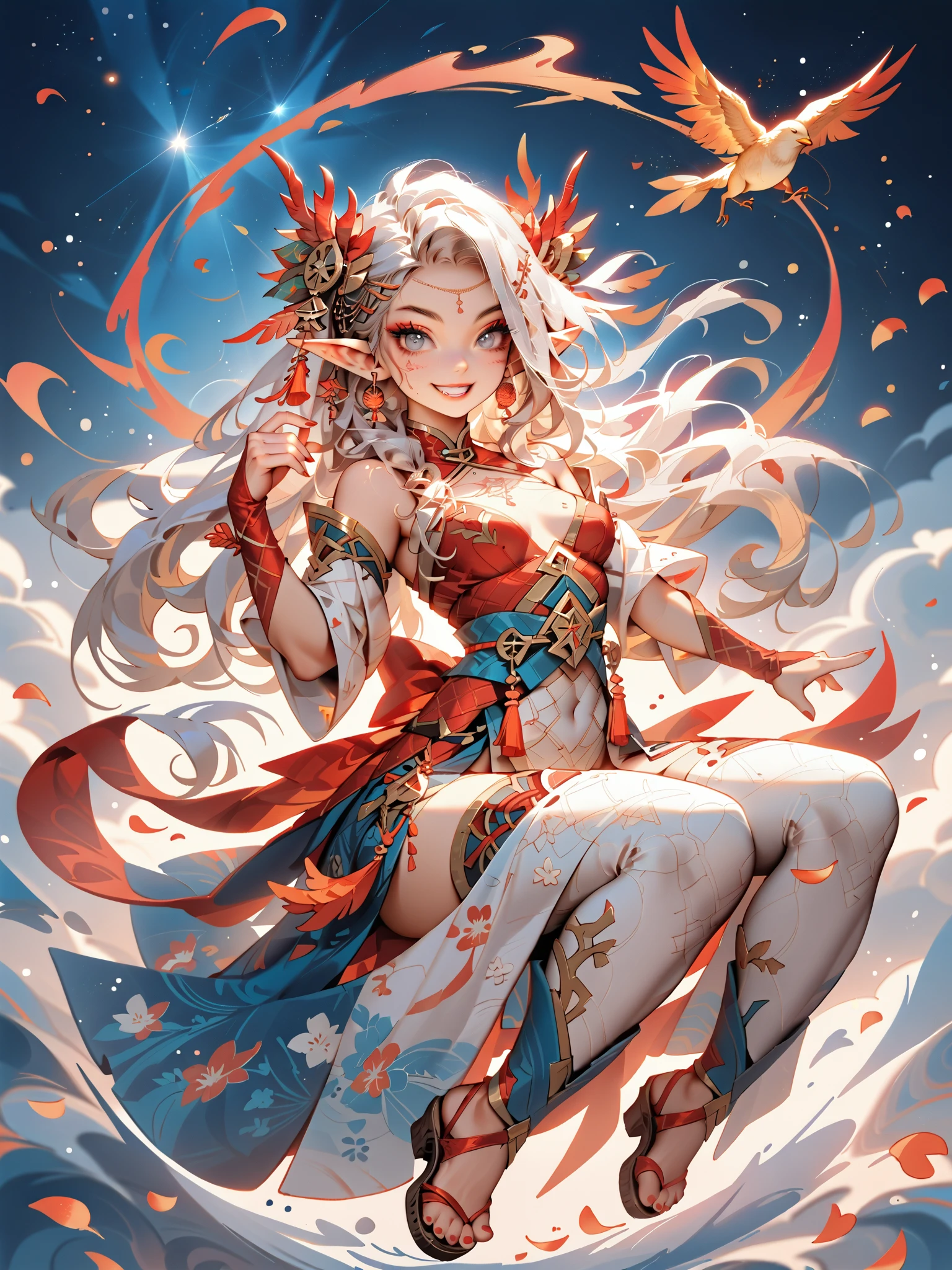 dynamic pose(Foldable Silk Fanを優雅に開き、dancing Japanese dance)、(Aerial Creature Summoning、Revolving Flight、One Phoenix)、young age beauty(A deep smile,Gray Hair, elf ears,slender figure,supple and curved proportions that glow in Prism School's rainbow colors)A large amount of rainbow-colored particles swirl around the center。
(Foldable Silk Fan)、(Summon Gorgeous Gold Thread Embroidered Cherry Blossoms and Auspicious Patterns、The finest red silk kimono、)Gold-embellished hairpin、Sandals。
Weeping cherry blossoms 、Cherry blossom petals soar in large numbers,Jet black night sky 、starry sky。
An anime picture that looks like it was drawn by a top illustrator。