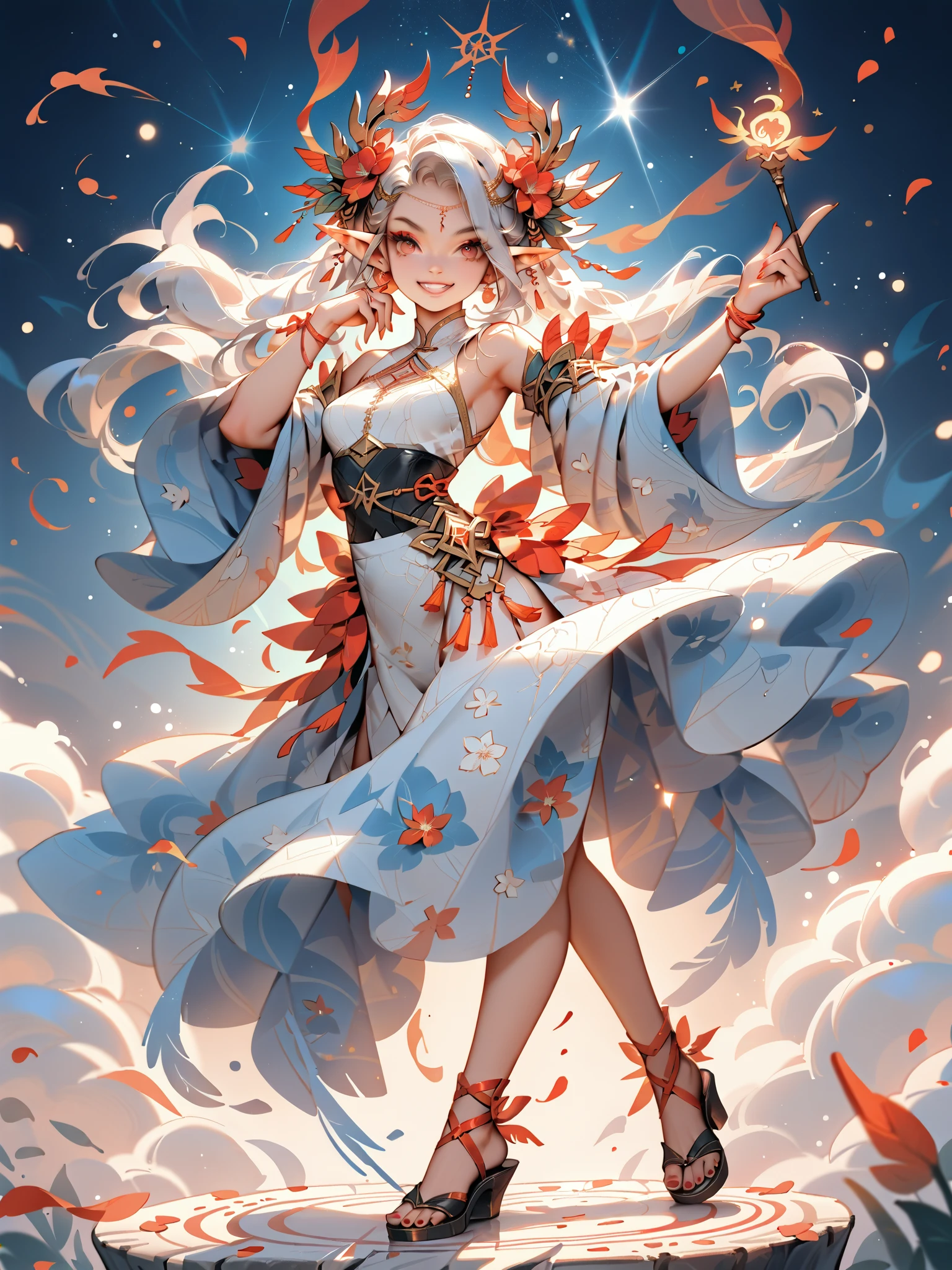 dynamic pose(Foldable Silk Fanを優雅に開き、dancing Japanese dance)、(Aerial Creature Summoning、Revolving Flight、One Phoenix)、young age beauty(A deep smile,Gray Hair, elf ears,slender figure,supple and curved proportions that glow in Prism School's rainbow colors)A large amount of rainbow-colored particles swirl around the center。
(Foldable Silk Fan)、(Summon Gorgeous Gold Thread Embroidered Cherry Blossoms and Auspicious Patterns、The finest red silk kimono、)Gold-embellished hairpin、Sandals。
Weeping cherry blossoms 、Cherry blossom petals soar in large numbers,Jet black night sky 、starry sky。
An anime picture that looks like it was drawn by a top illustrator。