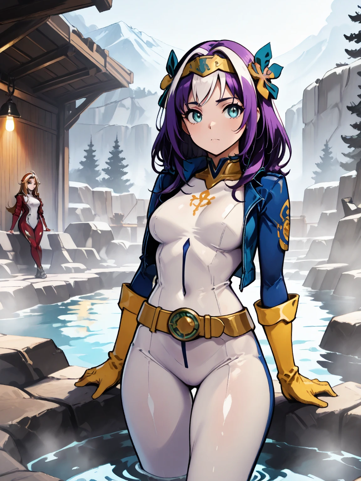 DEFrogue, long hair, dyed bangs, headband, , jacket, yellow gloves, belt, 8k, Obra maestra, mejor calidad, ultra detallado, detalles intrincados, hiper calidad, alto detalle, profesional, HDR, cinematic lighting, panoramic view, beauty eyes, ((anatomically perfect)), in a hot springs, 