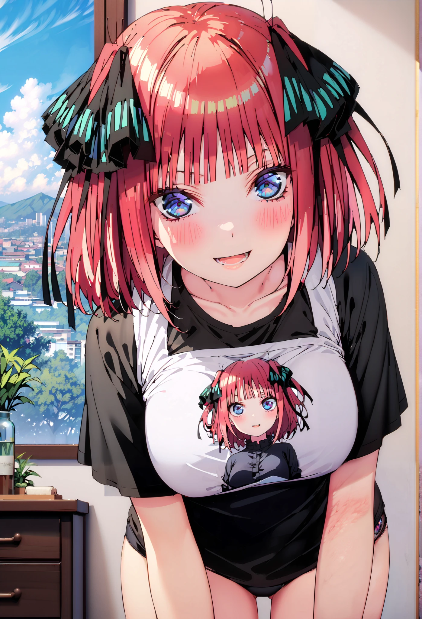 Nijino Nino , short hair, bangs, blue eyes, hair ornaments close to the garden, hair bow, pink hair, blunt bangs, two side up, butterfly hair ornaments close to the garden,smile,blush,opens her mouth,black string panties,Big Breasts, Chest Valley, slouching forward, down blouse that shifts the chest, loose tee black shirt,Bare legs, Interior , beautiful scenery,morning,Jiebing,so that the whole body is in the illustration, break indoors, bedroom,
break looking at viewer,
break (masterpiece:1.2),Highest quality , kampala, Unity 8K Wallpaper ,(shape:0.8),( fine, beautiful eyes :1.6),It's a person , full body photo,CG Details , (perfect hands, complete anatomy),