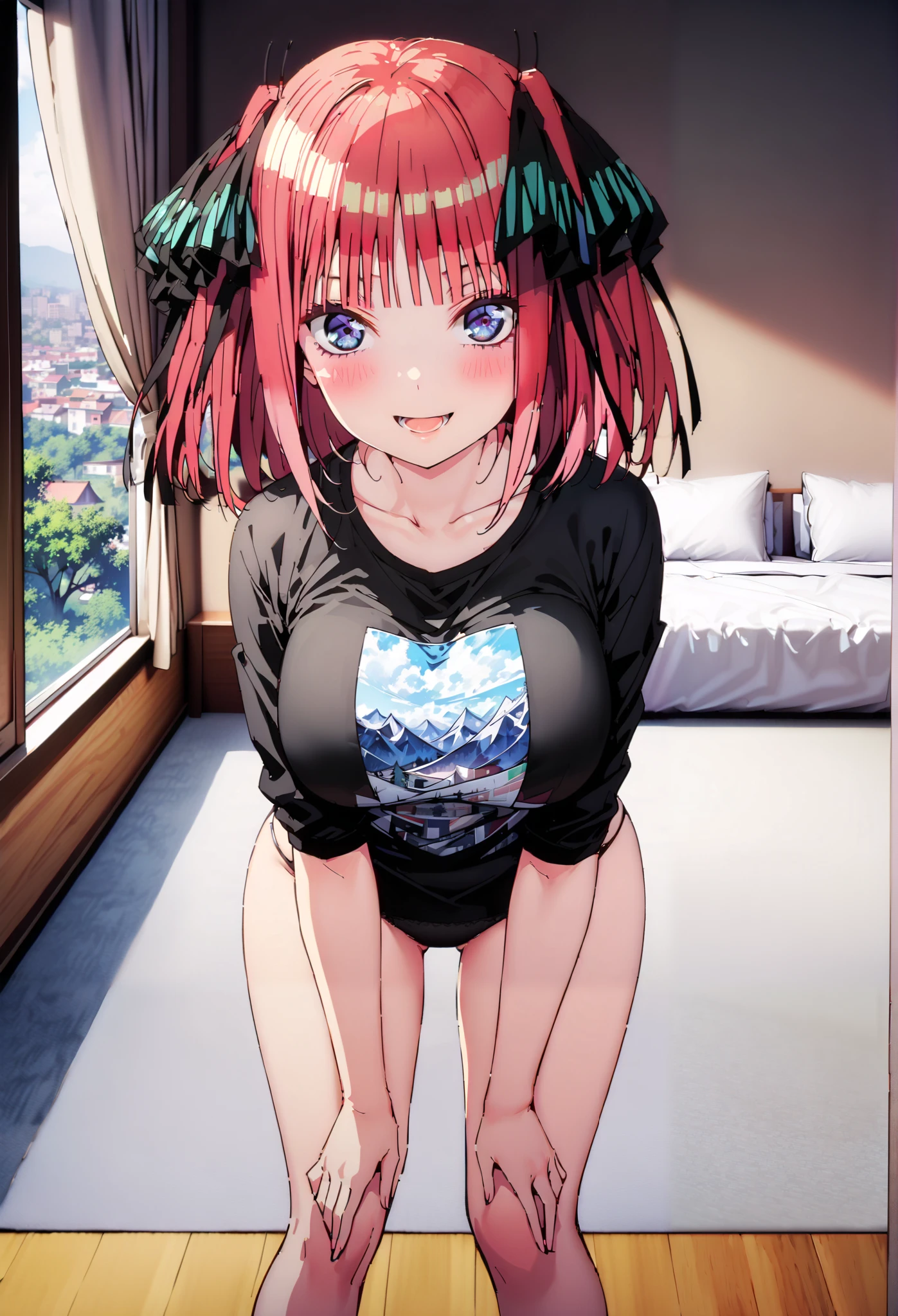 Nijino Nino , short hair, bangs, blue eyes, hair ornaments close to the garden, hair bow, pink hair, blunt bangs, two side up, butterfly hair ornaments close to the garden,smile,blush,opens her mouth,black string panties,Big Breasts, Chest Valley, slouching forward, down blouse that shifts the chest, loose tee black shirt,Bare legs, Interior , beautiful scenery,morning,Jiebing,so that the whole body is in the illustration, break indoors, bedroom,
break looking at viewer,
break (masterpiece:1.2),Highest quality , kampala, Unity 8K Wallpaper ,(shape:0.8),( fine, beautiful eyes :1.6),It's a person , full body photo,CG Details , (perfect hands, complete anatomy),