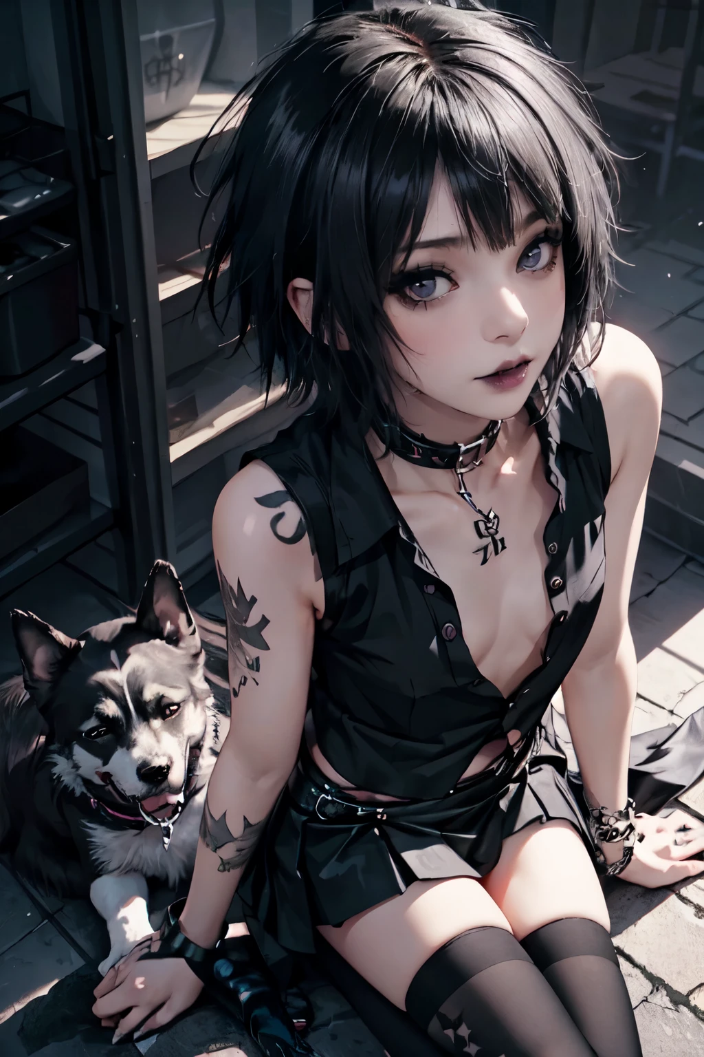 Girl, woman, emo_hairstyle, black lipstick, punk, goth, dog collar, eyeliner, eye shadow, smoky eyes, realistic lighting, tattoos, short hair, shiny skin, flat chest, short skirt, sleeveless, open business shirt, thighhighs.