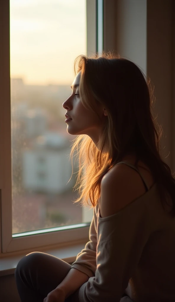 “A young woman is sitting by a window, looking outside.  Your hair is loose, slightly tousled by the breeze, and his face is softly illuminated by the natural evening light that comes through the window. She doesn't pose, she simply exists in the moment. The warm light creates a soft halo around her, while the city in the background is slightly out of focus, as if beauty were in the stillness and simplicity of the moment.”