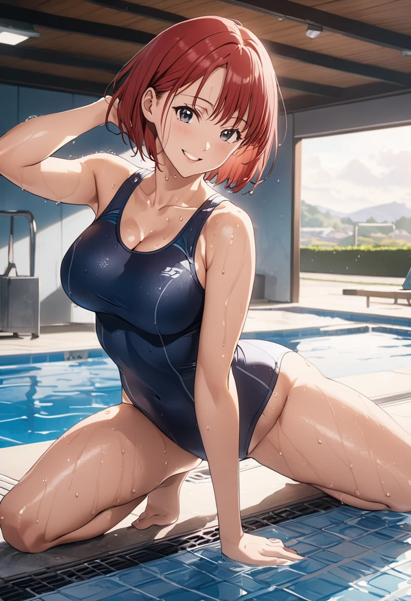 masterpiece, best quality, highres, nishikino maki,purple eyes, red hair, sideboob,one-piece swimsuit,low cut at hips, laying on side ,On ceramic floor, (love live style),Sexual seduction,wet body , looking at viewer , cowboy shot , pussy peek 