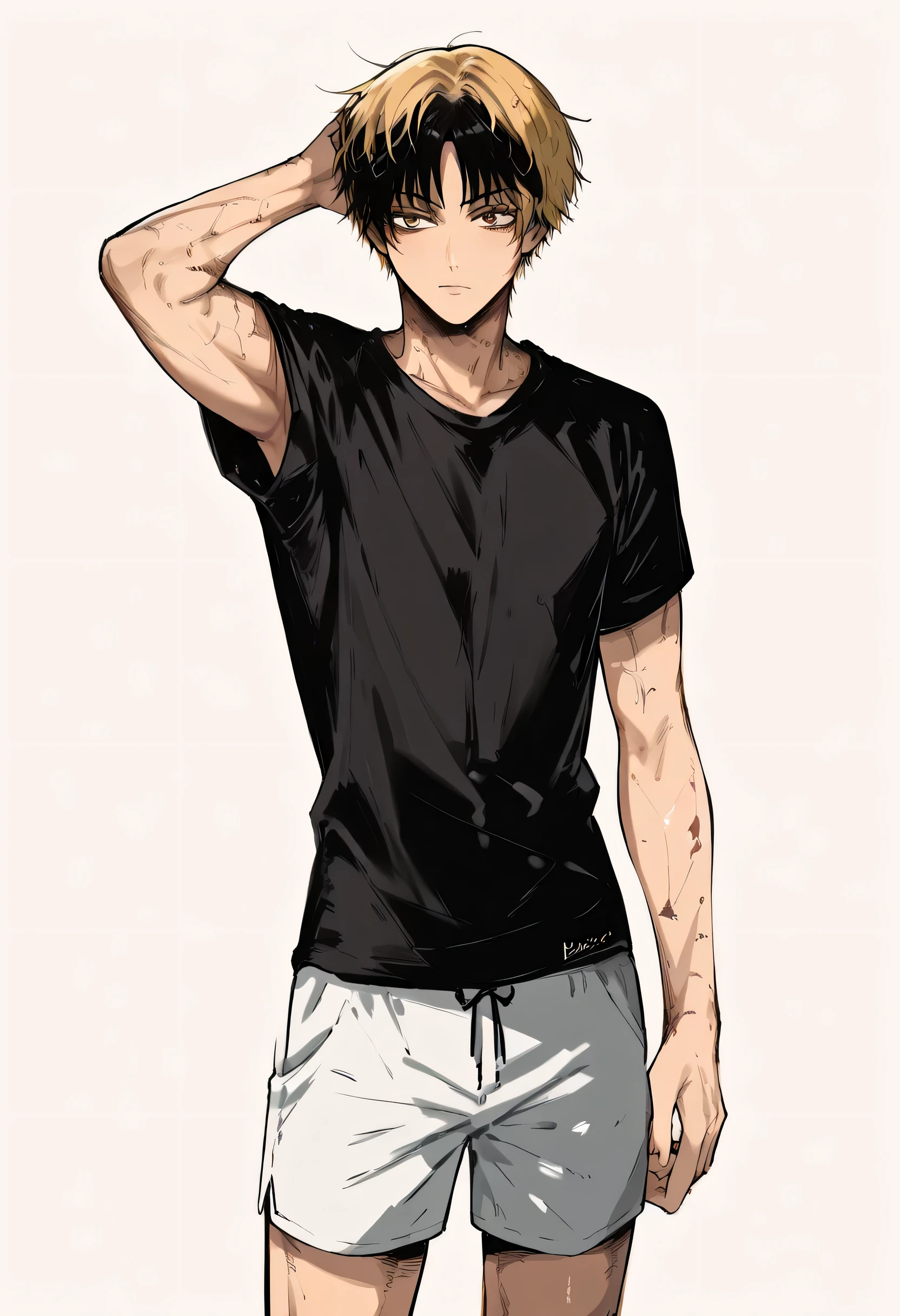 score_9, score_8_up, score_7_up, score_6_up, score_5_up, score_4_up, masoqmaki, 1girl, solo, masterpiece, best quality, kenma, 1boy, male focus, solo, brown eyes, short hair, multicolored hair, two-tone hair, roots (hair), blonde hair, black hair, parted bangs, outdoor, black t-shirt, show armpit, skinny, tall, muscles,