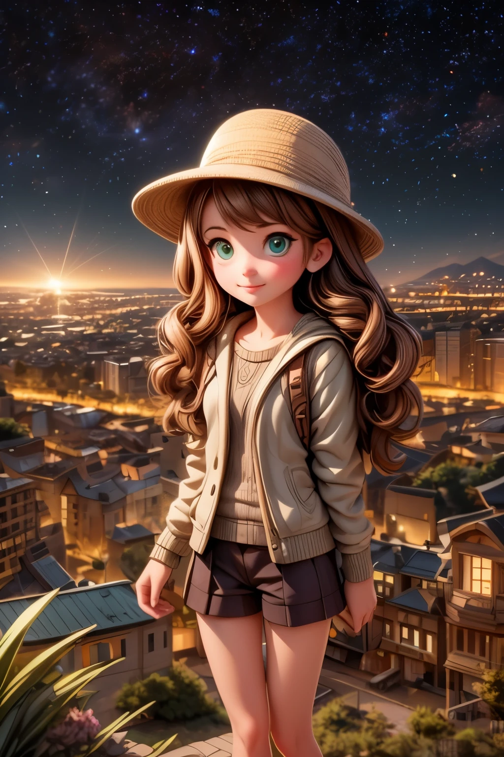 A girl with long brown hair dark green eyes looks down from a hill at the city below, her friends are near her. city lights, twilight, starry sky