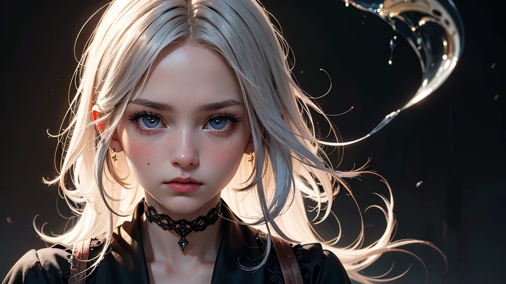 A pretty 20-year-old platinum blonde girl, ojos claros. In his hands he carries a very small polished silver aluminum ball.. The girl is crying and a tear is falling on the sphere; another tear slides down her cheek.