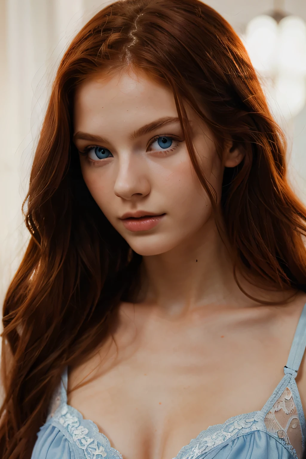 Woman, big breasts, redhead, blue eyes, transparent sweater, small chin