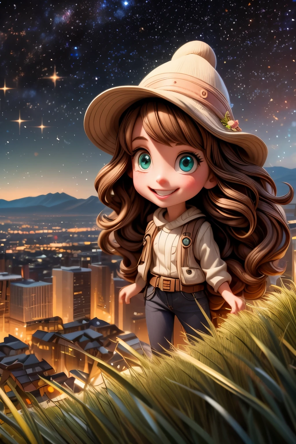 A girl with long brown hair dark green eyes looks down from a hill at the city below, her friends are near her. city lights, twilight, starry sky