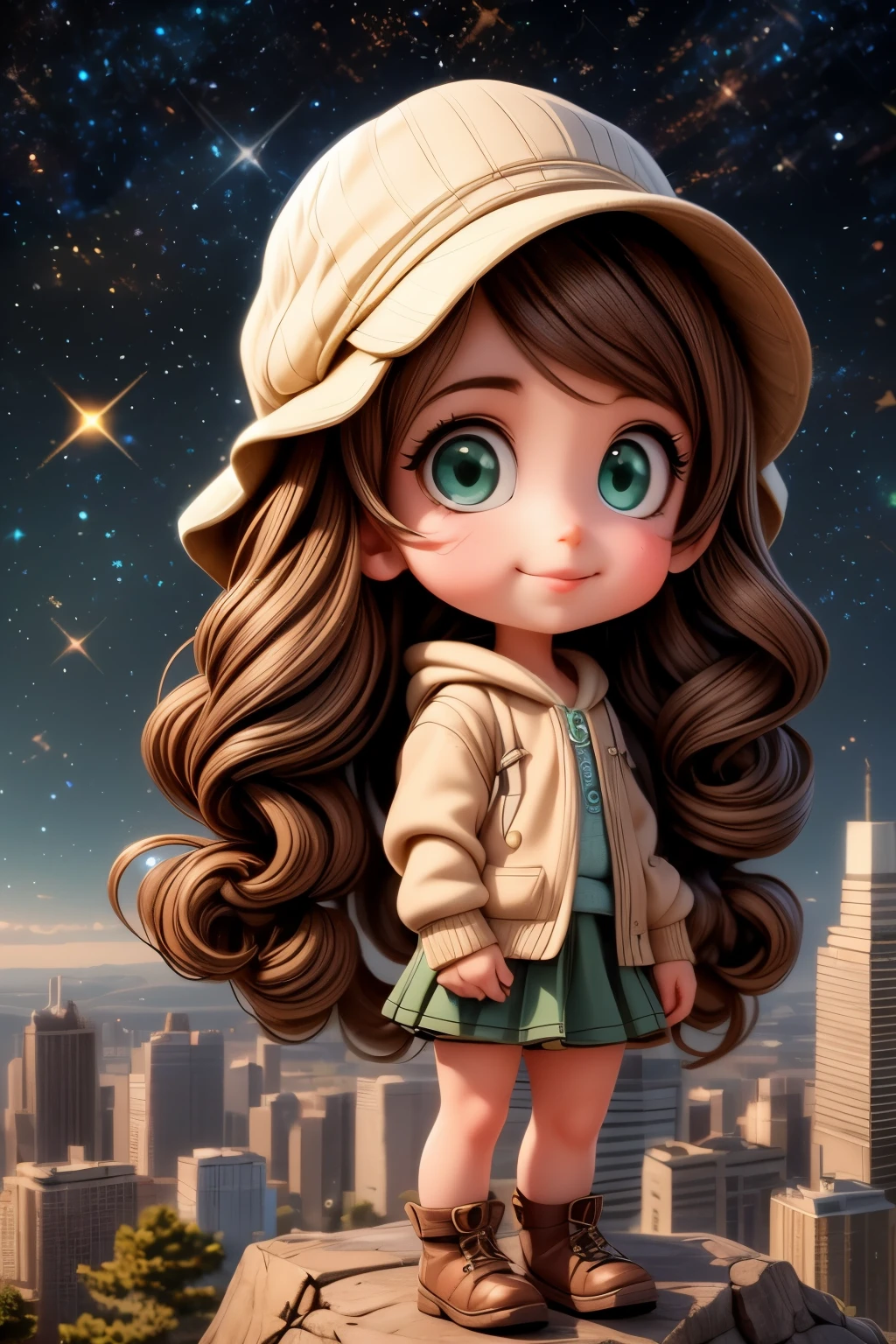 A girl with long brown hair dark green eyes looks down from a hill at the city below, her friends are near her. city lights, twilight, starry sky