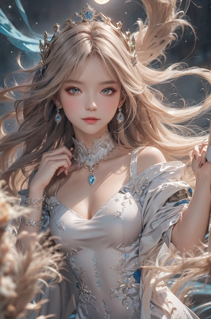 (photorealistic:1.8, highest quality:1.8,8K masterpiece:1.8,High resolution,muste piece:1.8),A 23-year-old woman standing on a snow mountain,fantasy,(transparent dresini skirt,Transparent Shawl、Elegant earrings、choker), beautiful detailed blue eyes:1.7,double eyelid:1.6,beautiful skin:1.8, (looking at the camera:1.2),(Photo seen from below:1.3),(long Hair:1.2,beautiful shining blonde hair:1.5), expression(Impish Smile:1.3,face turns red:1.3),(Moderate chest:1.3),Pause(Seductive pose:1.5),background(snow scene:1.5,snow mountain:1.3,fairyland forest),(slender:1.2),(detailed perfect face),normal hands:1.5,normal finger:1:5,normal feet:1.5,(cameltoe)