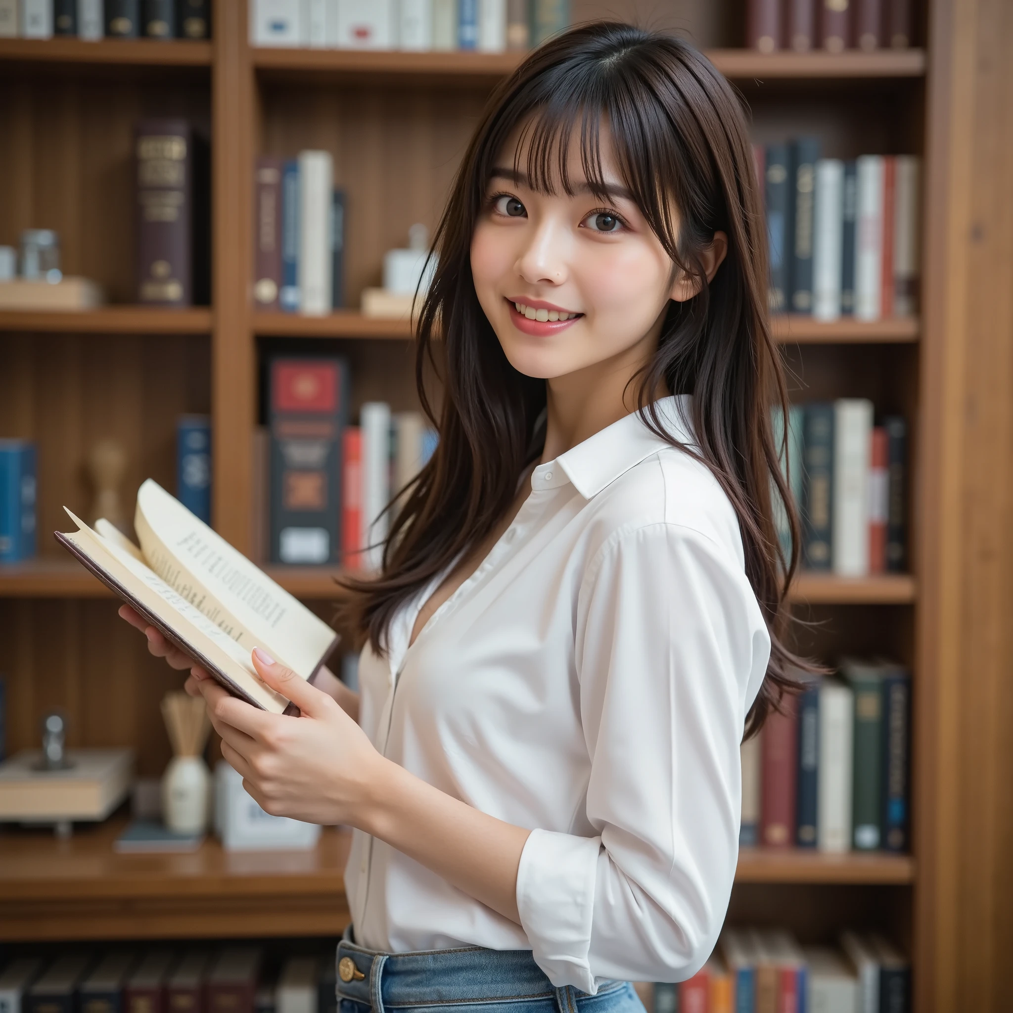 『1 Japanese girl:1.3』『real photo:1.3』Highest quality:1.2、((big breasts))、slightly visible cleavage、((young 20 year old woman ))、『showing her teeth and smiling:1.9』、(((anatomically correct、perfect anatomy、anatomically correct指)))、slender body,realistic, Highest quality, Ultra High Definition, RAW photo, (Curvy body)、full body,I look and smile like an idol, The background is the library,Open a book in front of the bookshelf and look inside,my clothes are white shirts and jeans, Angle from the side,sideways smile,Standing reading a book