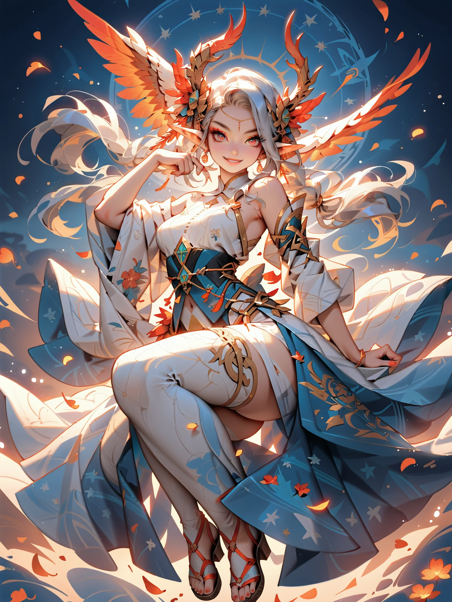 dynamic pose(Foldable Silk Fanを優雅に開き、dancing Japanese dance)、(Aerial Creature Summoning、Revolving Flight、One Phoenix)、young age beauty(A deep smile,Gray Hair, elf ears,slender figure,supple and curved proportions that glow in Prism School's rainbow colors)A large amount of rainbow-colored particles swirl around the center。
(Foldable Silk Fan)、(Summon Gorgeous Gold Thread Embroidered Cherry Blossoms and Auspicious Patterns、The finest red silk kimono、)Gold-embellished hairpin、Sandals。
Weeping cherry blossoms 、Cherry blossom petals soar in large numbers,Jet black night sky 、starry sky。
An anime picture that looks like it was drawn by a top illustrator。