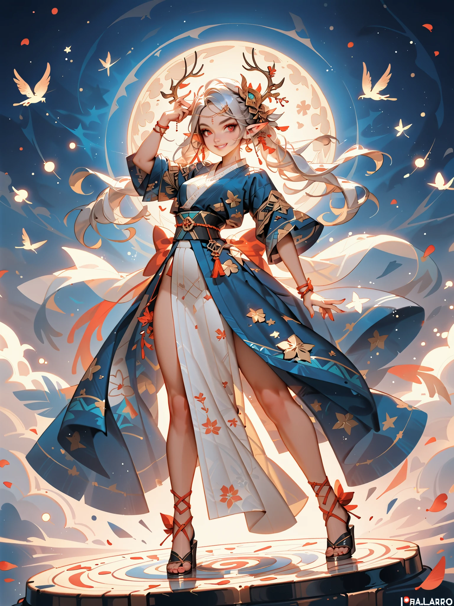 dynamic pose(Foldable Silk Fanを優雅に開き、dancing Japanese dance)、(Aerial Creature Summoning、Revolving Flight、One Phoenix)、young age beauty(A deep smile,Gray Hair, elf ears,slender figure,supple and curved proportions that glow in Prism School's rainbow colors)A large amount of rainbow-colored particles swirl around the center。
(Foldable Silk Fan)、(Summon Gorgeous Gold Thread Embroidered Cherry Blossoms and Auspicious Patterns、The finest red silk kimono、)Gold-embellished hairpin、Sandals。
Weeping cherry blossoms 、Cherry blossom petals soar in large numbers,Jet black night sky 、starry sky。
An anime picture that looks like it was drawn by a top illustrator。