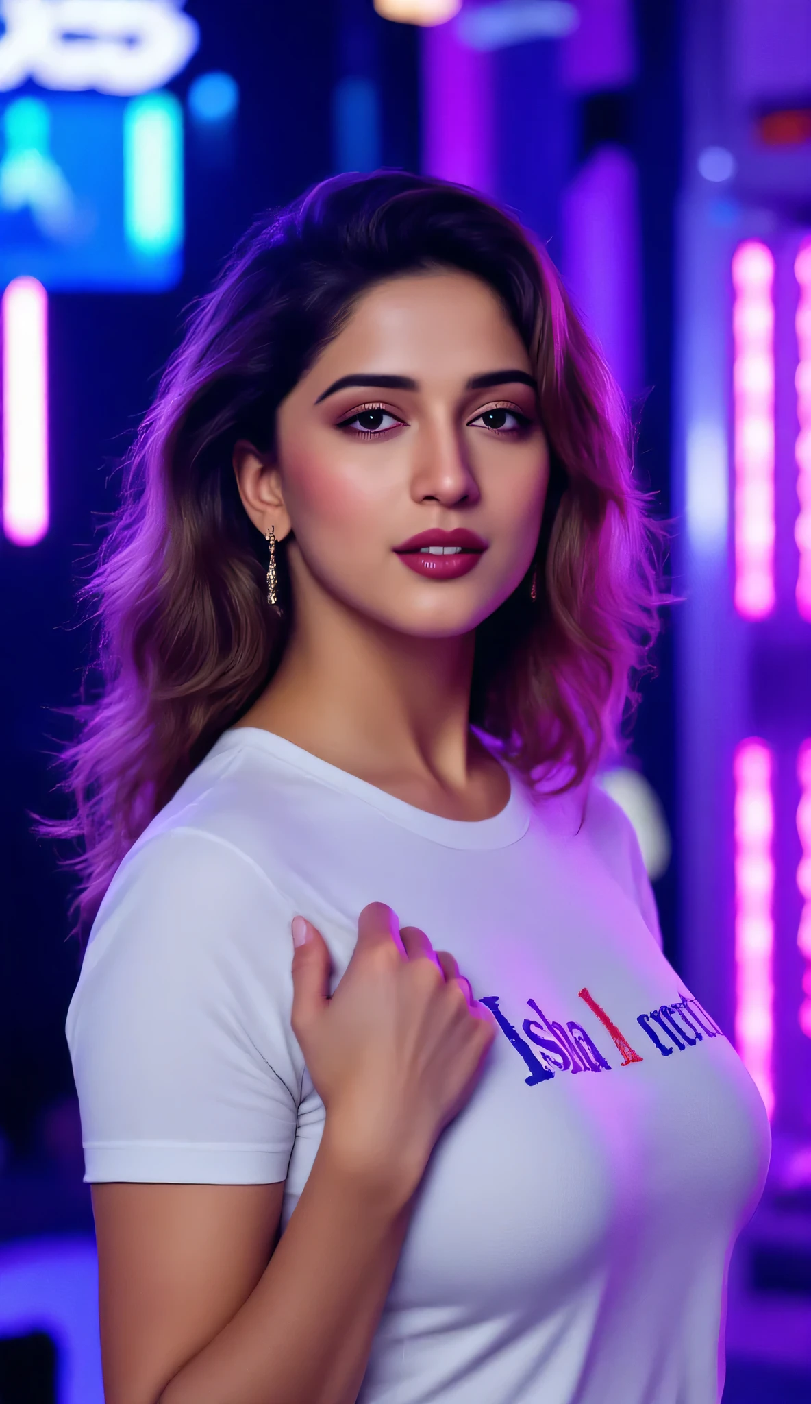 **Prompt:**
"A highly realistic and HD image of a stunning female model resembling Deepika Padukone, posing confidently in a professional studio setup designed for social media reels. She is wearing a stylish White t-shirt with 'Isha1creations' written in bold, modern font. The background is illuminated with vibrant neon lights, creating a dynamic and trendy studio ambiance. The lighting perfectly enhances the model’s flawless features, giving a premium and captivating look. The overall composition is sleek, professional, and visually striking, ideal for high-quality branding and promotional content."