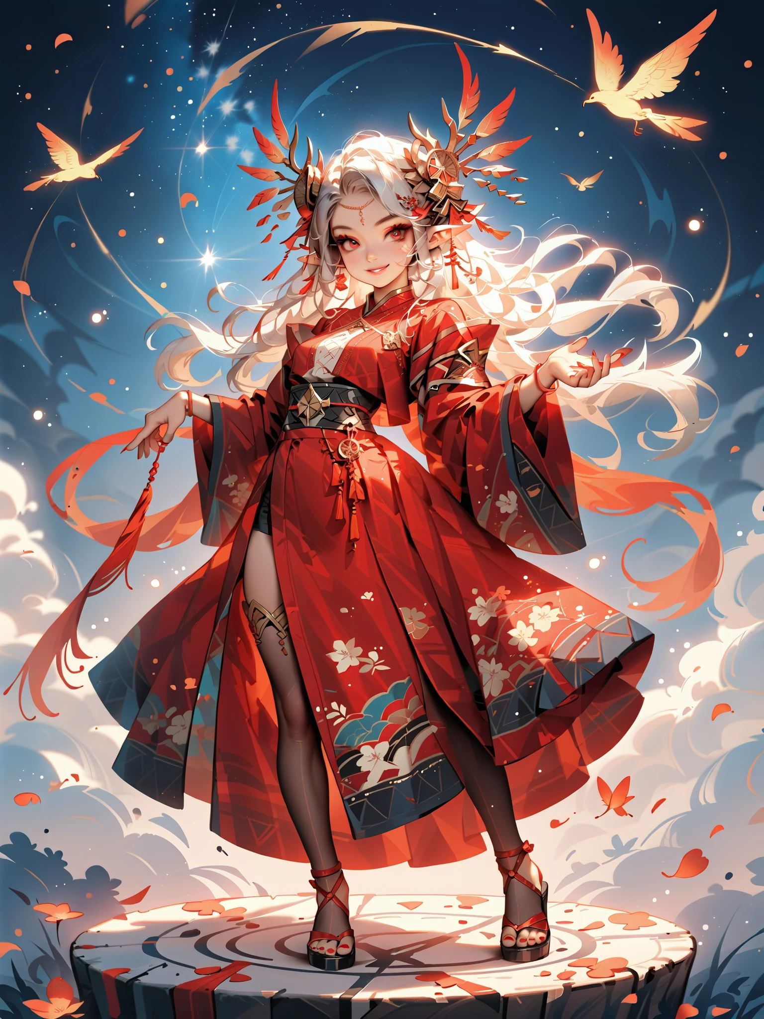 dynamic pose(Foldable Silk Fanを優雅に開き、dancing Japanese dance)、(Aerial Creature Summoning、Revolving Flight、One Phoenix)、young age beauty(A deep smile,Gray Hair, elf ears,slender figure,supple and curved proportions that glow in Prism School's rainbow colors)A large amount of rainbow-colored particles swirl around the center。
(Foldable Silk Fan)、(Summon Gorgeous Gold Thread Embroidered Cherry Blossoms and Auspicious Patterns、The finest red silk kimono、)Gold-embellished hairpin、Sandals。
Weeping cherry blossoms 、Cherry blossom petals soar in large numbers,Jet black night sky 、starry sky。
An anime picture that looks like it was drawn by a top illustrator。