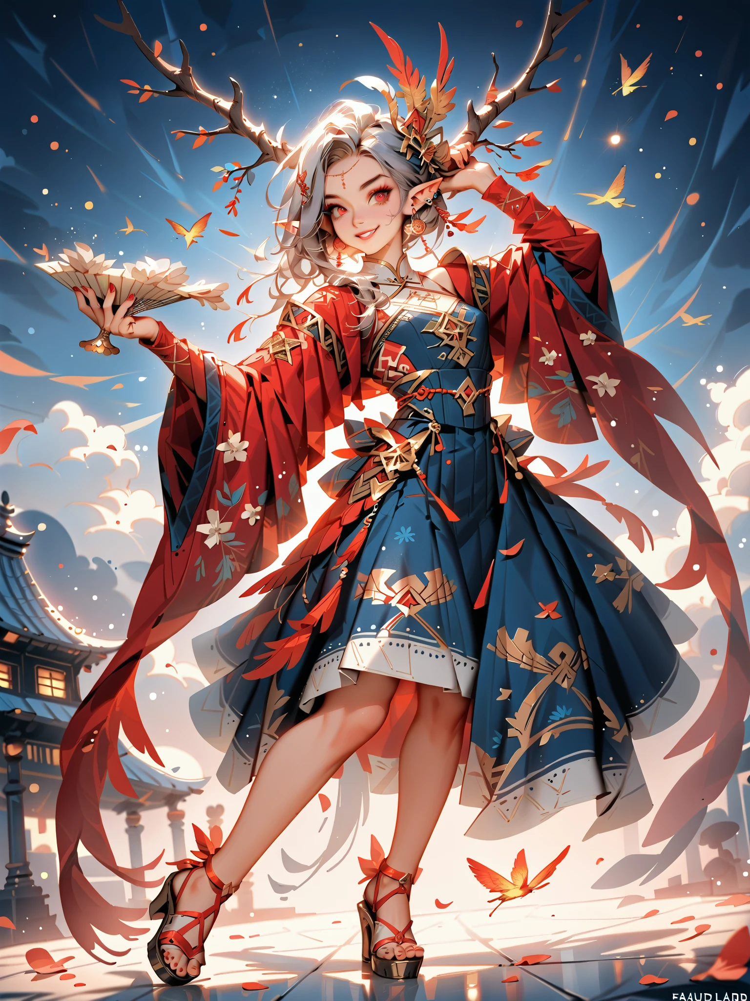 dynamic pose(Foldable Silk Fanを優雅に開き、dancing Japanese dance)、(Aerial Creature Summoning、Revolving Flight、One Phoenix)、young age beauty(A deep smile,Gray Hair, elf ears,slender figure,supple and curved proportions that glow in Prism School's rainbow colors)A large amount of rainbow-colored particles swirl around the center。
(Foldable Silk Fan)、(Summon Gorgeous Gold Thread Embroidered Cherry Blossoms and Auspicious Patterns、The finest red silk kimono、)Gold-embellished hairpin、Sandals。
Weeping cherry blossoms 、Cherry blossom petals soar in large numbers,Jet black night sky 、starry sky。
An anime picture that looks like it was drawn by a top illustrator。