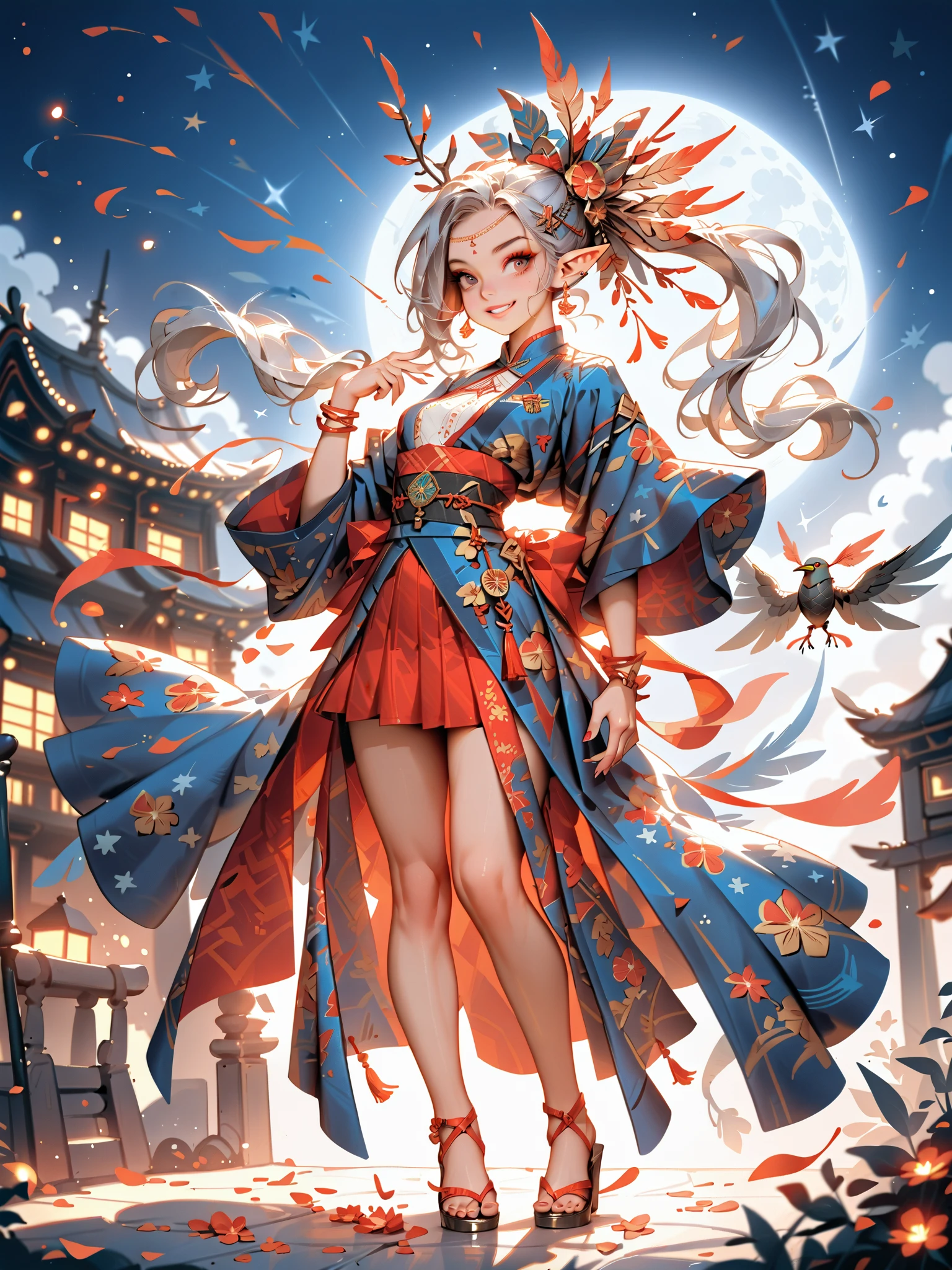 dynamic pose(Foldable Silk Fanを優雅に開き、dancing Japanese dance)、(Aerial Creature Summoning、Revolving Flight、One Phoenix)、young age beauty(A deep smile,Gray Hair, elf ears,slender figure,supple and curved proportions that glow in Prism School's rainbow colors)A large amount of rainbow-colored particles swirl around the center。
(Foldable Silk Fan)、(Summon Gorgeous Gold Thread Embroidered Cherry Blossoms and Auspicious Patterns、The finest red silk kimono、)Gold-embellished hairpin、Sandals。
Weeping cherry blossoms 、Cherry blossom petals soar in large numbers,Jet black night sky 、starry sky。
An anime picture that looks like it was drawn by a top illustrator。