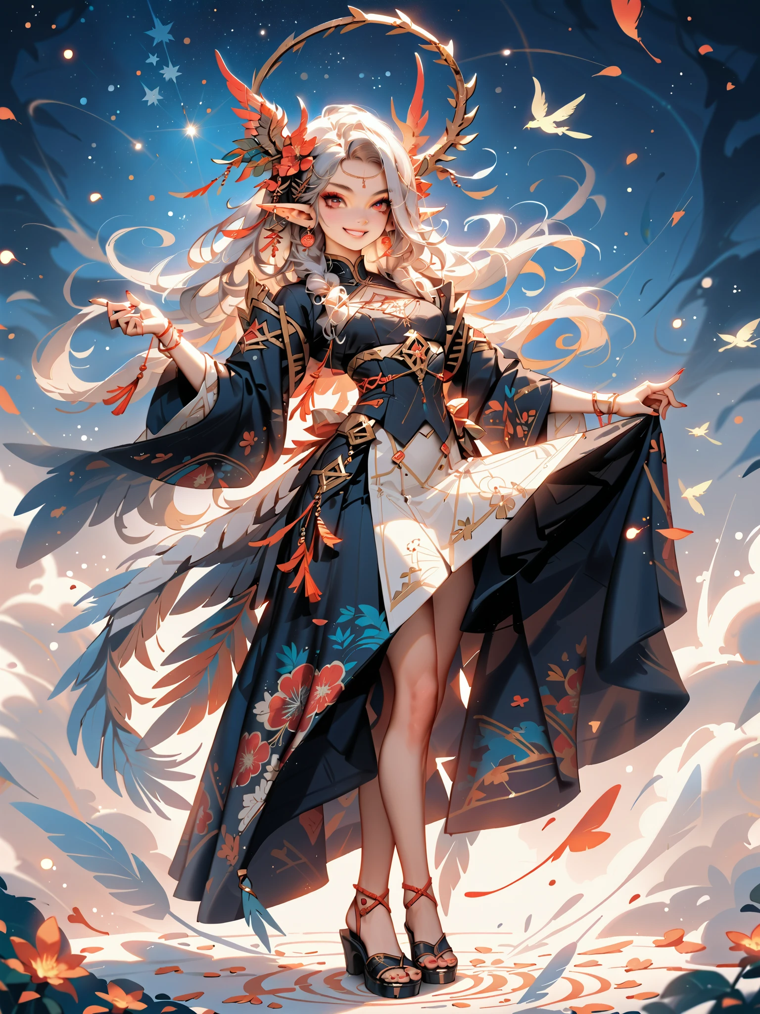 dynamic pose(Foldable Silk Fanを優雅に開き、dancing Japanese dance)、(Aerial Creature Summoning、Revolving Flight、One Phoenix)、young age beauty(A deep smile,Gray Hair, elf ears,slender figure,supple and curved proportions that glow in Prism School's rainbow colors)A large amount of rainbow-colored particles swirl around the center。
(Foldable Silk Fan)、(Summon Gorgeous Gold Thread Embroidered Cherry Blossoms and Auspicious Patterns、The finest red silk kimono、)Gold-embellished hairpin、Sandals。
Weeping cherry blossoms 、Cherry blossom petals soar in large numbers,Jet black night sky 、starry sky。
An anime picture that looks like it was drawn by a top illustrator。