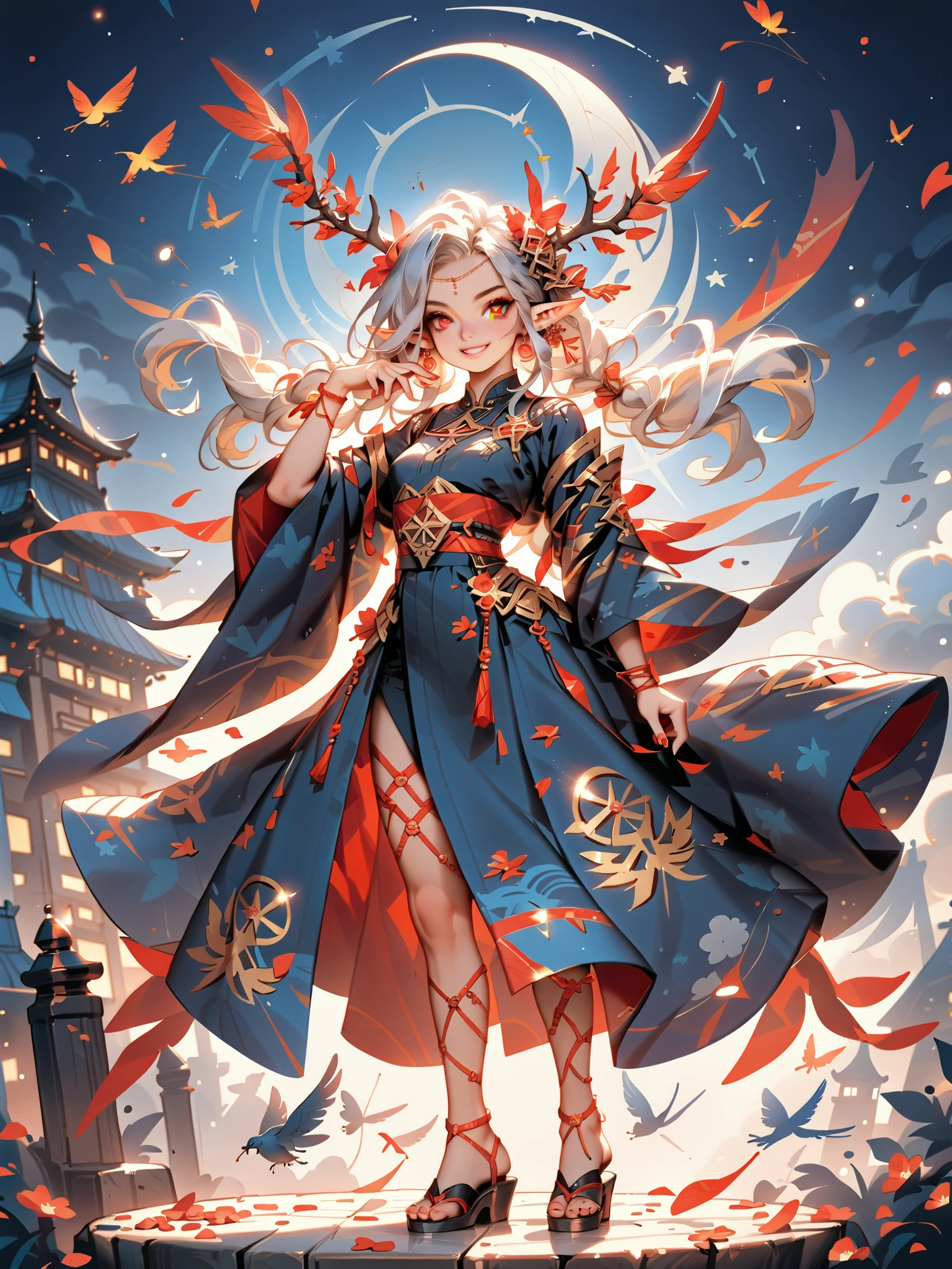 dynamic pose(Foldable Silk Fanを優雅に開き、dancing Japanese dance)、(Aerial Creature Summoning、Revolving Flight、One Phoenix)、young age beauty(A deep smile,Gray Hair, elf ears,slender figure,supple and curved proportions that glow in Prism School's rainbow colors)A large amount of rainbow-colored particles swirl around the center。
(Foldable Silk Fan)、(Summon Gorgeous Gold Thread Embroidered Cherry Blossoms and Auspicious Patterns、The finest red silk kimono、)Gold-embellished hairpin、Sandals。
Weeping cherry blossoms 、Cherry blossom petals soar in large numbers,Jet black night sky 、starry sky。
An anime picture that looks like it was drawn by a top illustrator。