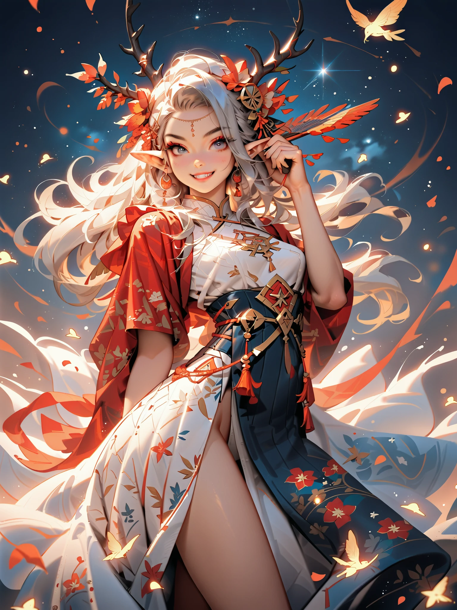 dynamic pose(Foldable Silk Fanを優雅に開き、dancing Japanese dance)、(Aerial Creature Summoning、Revolving Flight、One Phoenix)、young age beauty(A deep smile,Gray Hair, elf ears,slender figure,supple and curved proportions that glow in Prism School's rainbow colors)A large amount of rainbow-colored particles swirl around the center。
(Foldable Silk Fan)、(Summon Gorgeous Gold Thread Embroidered Cherry Blossoms and Auspicious Patterns、The finest red silk kimono、)Gold-embellished hairpin、Sandals。
Weeping cherry blossoms 、Cherry blossom petals soar in large numbers,Jet black night sky 、starry sky。
An anime picture that looks like it was drawn by a top illustrator。