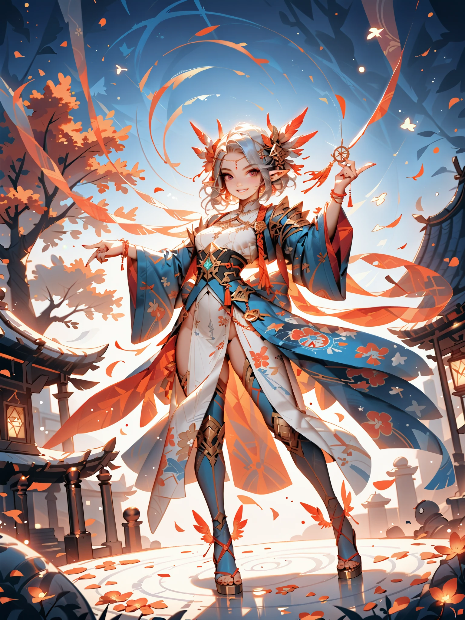 dynamic pose(Foldable Silk Fanを優雅に開き、dancing Japanese dance)、(Aerial Creature Summoning、Revolving Flight、One Phoenix)、young age beauty(A deep smile,Gray Hair, elf ears,slender figure,supple and curved proportions that glow in Prism School's rainbow colors)A large amount of rainbow-colored particles swirl around the center。
(Foldable Silk Fan)、(Summon Gorgeous Gold Thread Embroidered Cherry Blossoms and Auspicious Patterns、The finest red silk kimono、)Gold-embellished hairpin、Sandals。
Weeping cherry blossoms 、Cherry blossom petals soar in large numbers,Jet black night sky 、starry sky。
An anime picture that looks like it was drawn by a top illustrator。