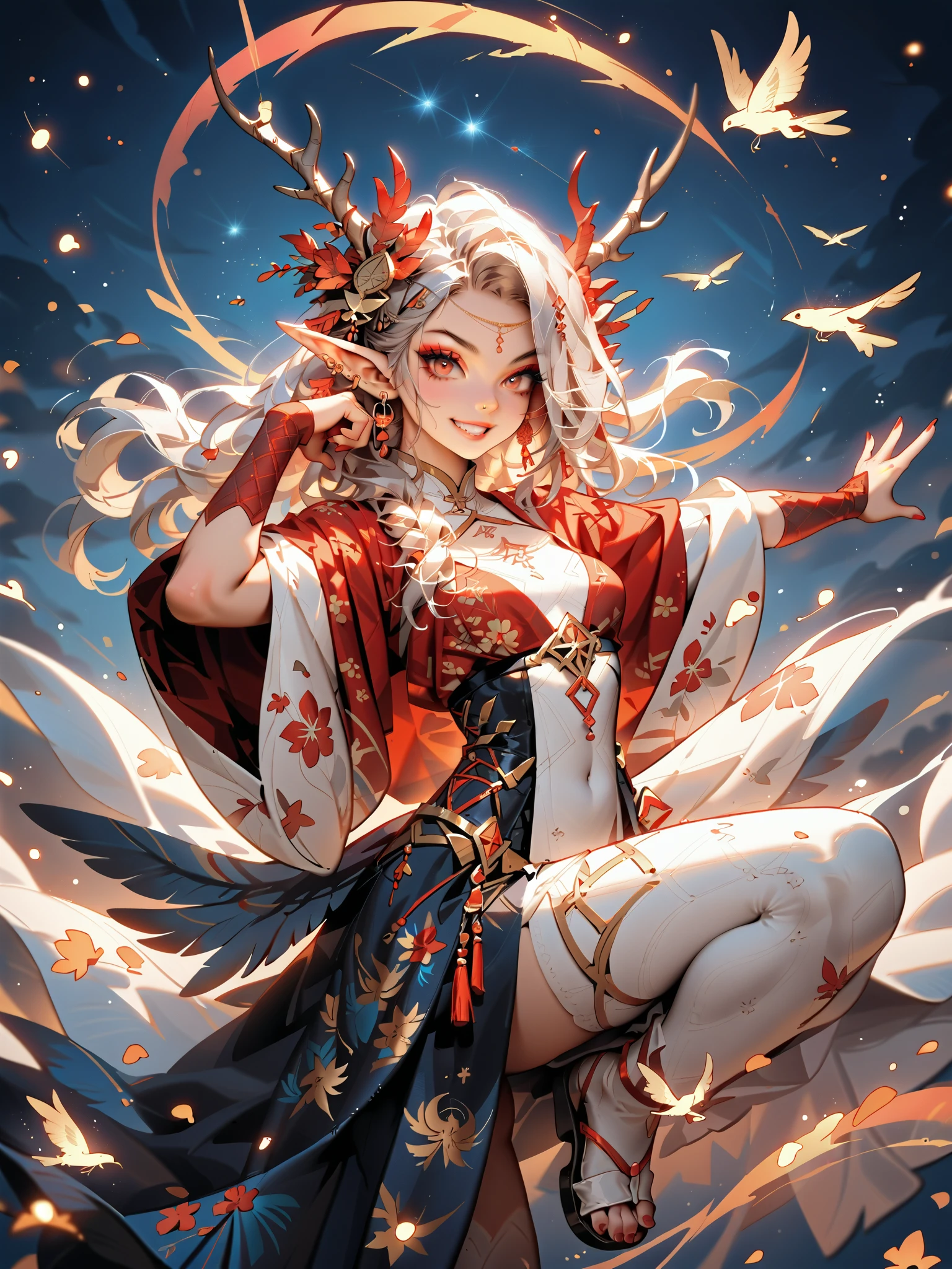 dynamic pose(Foldable Silk Fanを優雅に開き、dancing Japanese dance)、(Aerial Creature Summoning、Revolving Flight、One Phoenix)、young age beauty(A deep smile,Gray Hair, elf ears,slender figure,supple and curved proportions that glow in Prism School's rainbow colors)A large amount of rainbow-colored particles swirl around the center。
(Foldable Silk Fan)、(Summon Gorgeous Gold Thread Embroidered Cherry Blossoms and Auspicious Patterns、The finest red silk kimono、)Gold-embellished hairpin、Sandals。
Weeping cherry blossoms 、Cherry blossom petals soar in large numbers,Jet black night sky 、starry sky。
An anime picture that looks like it was drawn by a top illustrator。