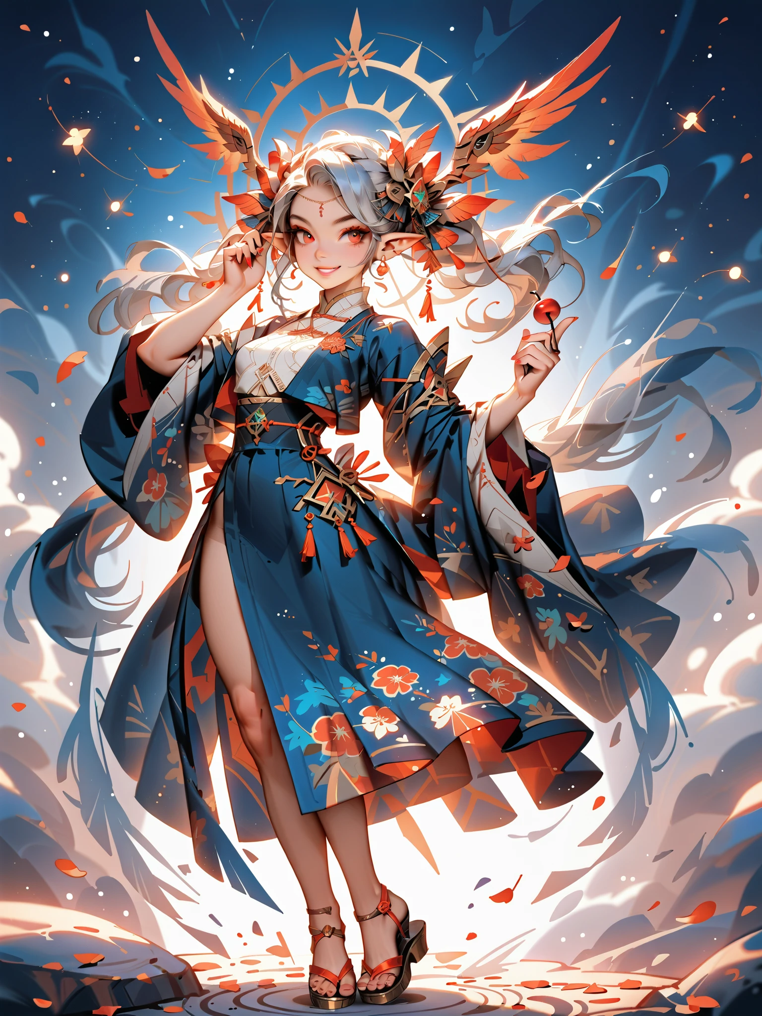 dynamic pose(Foldable Silk Fanを優雅に開き、dancing Japanese dance)、(Aerial Creature Summoning、Revolving Flight、One Phoenix)、young age beauty(A deep smile,Gray Hair, elf ears,slender figure,supple and curved proportions that glow in Prism School's rainbow colors)A large amount of rainbow-colored particles swirl around the center。
(Foldable Silk Fan)、(Summon Gorgeous Gold Thread Embroidered Cherry Blossoms and Auspicious Patterns、The finest red silk kimono、)Gold-embellished hairpin、Sandals。
Weeping cherry blossoms 、Cherry blossom petals soar in large numbers,Jet black night sky 、starry sky。
An anime picture that looks like it was drawn by a top illustrator。