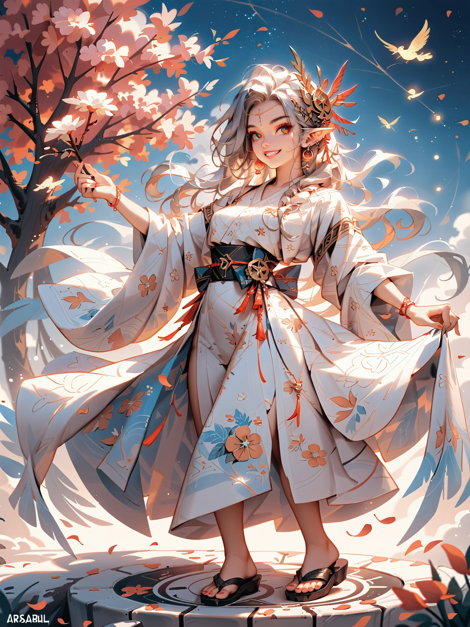 dynamic pose(Foldable Silk Fanを優雅に開き、dancing Japanese dance)、(Aerial Creature Summoning、Revolving Flight、One Phoenix)、young age beauty(A deep smile,Gray Hair, elf ears,slender figure,supple and curved proportions that glow in Prism School's rainbow colors)A large amount of rainbow-colored particles swirl around the center。
(Foldable Silk Fan)、(Summon Gorgeous Gold Thread Embroidered Cherry Blossoms and Auspicious Patterns、The finest red silk kimono、)Gold-embellished hairpin、Sandals。
Weeping cherry blossoms 、Cherry blossom petals soar in large numbers,Jet black night sky 、starry sky。
An anime picture that looks like it was drawn by a top illustrator。