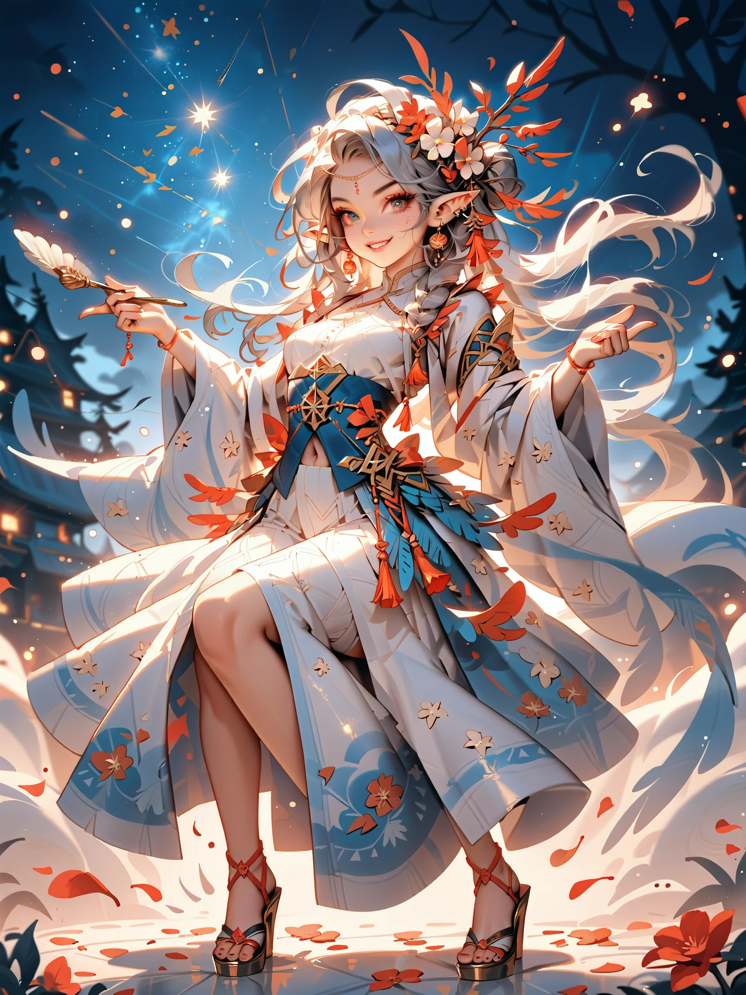 dynamic pose(Foldable Silk Fanを優雅に開き、dancing Japanese dance)、(Aerial Creature Summoning、Revolving Flight、One Phoenix)、young age beauty(A deep smile,Gray Hair, elf ears,slender figure,supple and curved proportions that glow in Prism School's rainbow colors)A large amount of rainbow-colored particles swirl around the center。
(Foldable Silk Fan)、(Summon Gorgeous Gold Thread Embroidered Cherry Blossoms and Auspicious Patterns、The finest red silk kimono、)Gold-embellished hairpin、Sandals。
Weeping cherry blossoms 、Cherry blossom petals soar in large numbers,Jet black night sky 、starry sky。
An anime picture that looks like it was drawn by a top illustrator。
