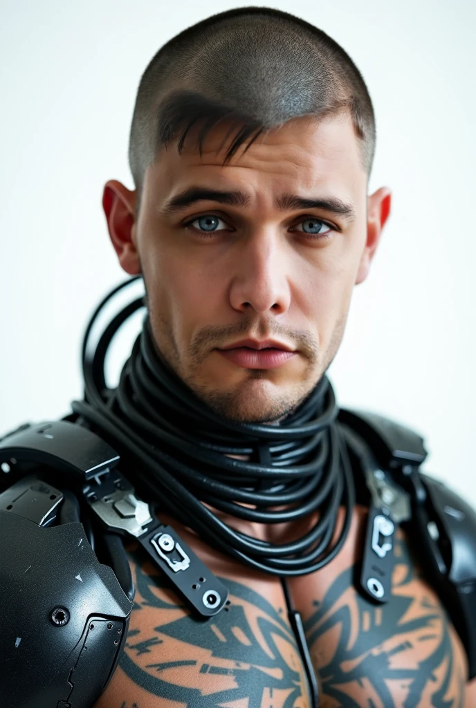 Cyberpunk photo, middle-aged man, cyborg, facial implants, muscular body, mechanical body, mechanical arms, mechanical skeleton, rusty armor, neon background, dark background, eye contact, looking at viewer, masterpiece, best quality, perfect detail  , perfect face detail, perfect eye detail, perfect skin detail, depth of field, perfect lighting