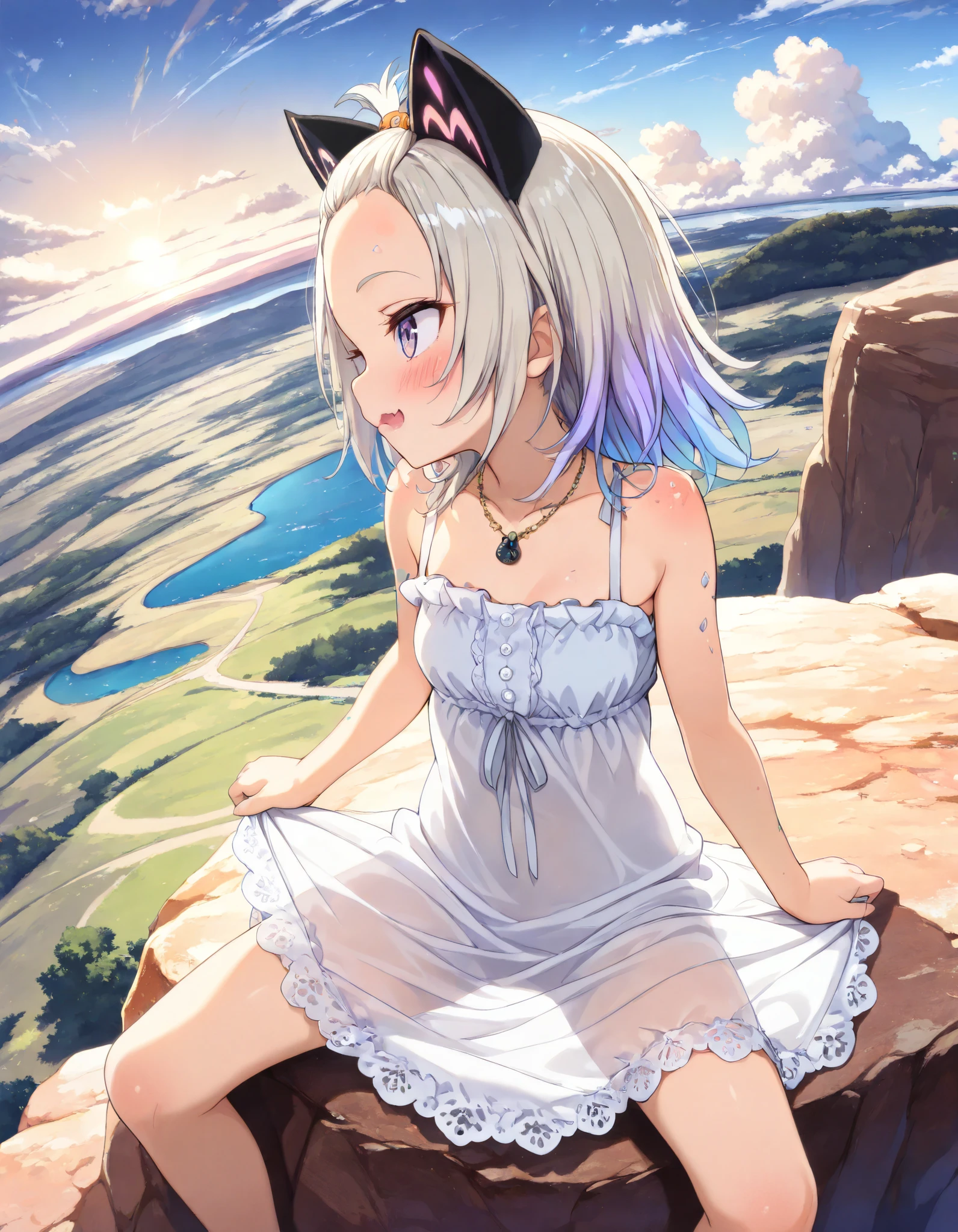 ((Masterpiece)), ((best quality)), (8K), (profile), from above, (detailed background:1.2), (super detail:1.2),(High Definition:1.3), (Professional Photography:1.2), (very aesthetic:1.2), (absurdres:1.2), (sharp focus), ((1girl)), age Girl, (Textured skin, brown-skin), (pale purple eyes, gradient eyes, looking at side), (platinum-gold hair), (bangs pinned back, cute forehead), gradient hair, blue color Hair Tip, (medium hair), small breast, (Healthy Gaunt body), (open mouth wide, skin fang), seductive smile, blush, (cute cheeks), glossy lips, pouty lips, (lower eyelashes), tilt head, (put on cat ears), Beautiful collarbones, BREAK, (white long sundress, sleeveless sundress, lace trim, frills), ((lift the skirt and spread it out, lift by self)), (unconventional accessories, unconventional necklace), (slightly see-through silhouette), ((loose sitting on the rock, legs apart)), outside Landscape below the deep cliff at sunrise, outdoor, cloud of dust, summer day, morning glow, (Beautiful landscape),