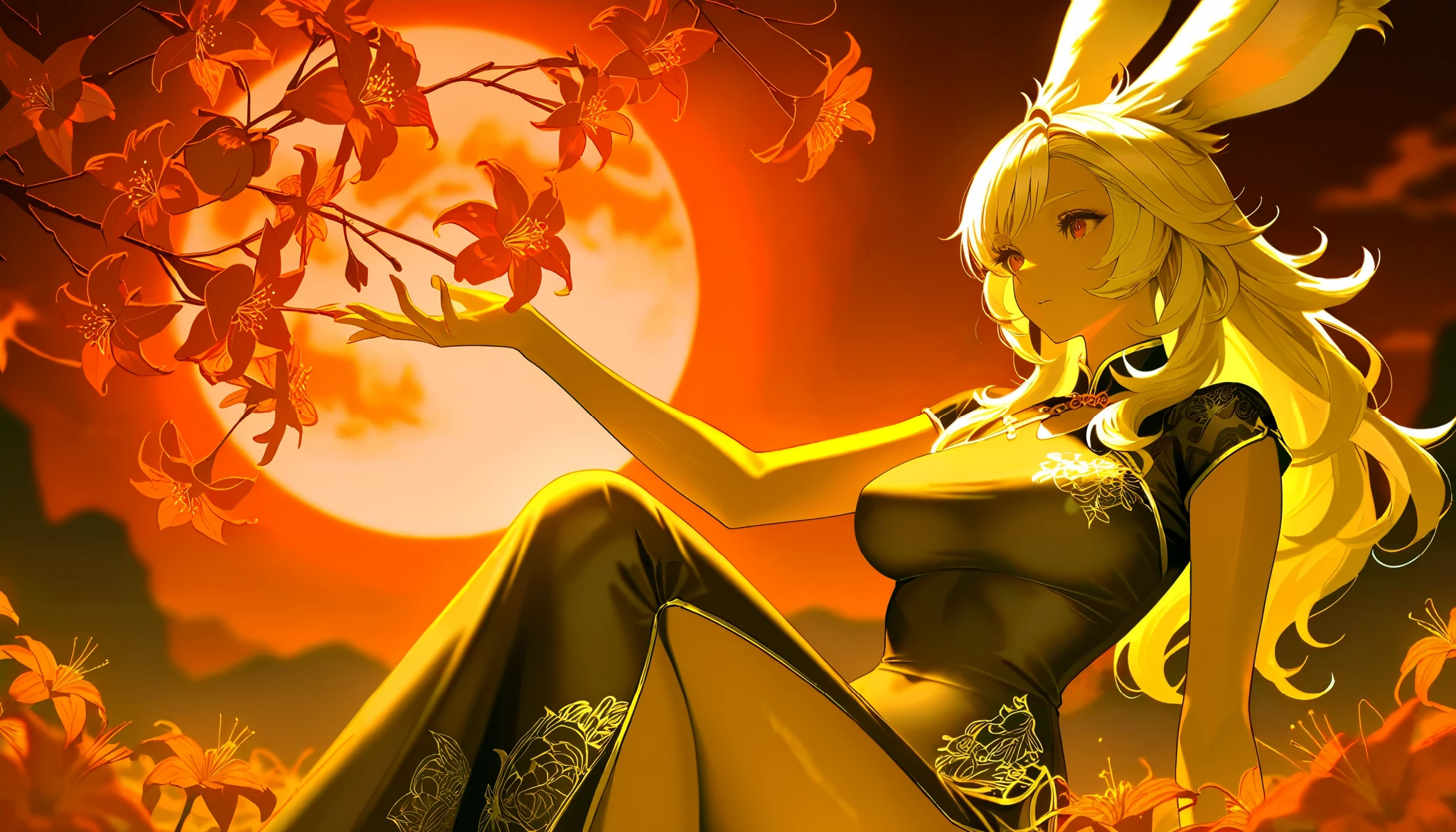 SFW, Final Fantasy Style , Takahashi Kazunari's masterpiece, depiction of faces expressed in great detail, Detailed Eyes 、Detailed faces、Hair drawn down to the smallest detail 、Solo Female Viera , beautiful , 32K, enchantment, masterpiece, top quality, , , blonde poop, long hair , (A woman in a transparent Chinese dress, ), Fantastic, soft focus, moonlit night, red moon, (bright red cluster amaryllis blooming all around:1.4).