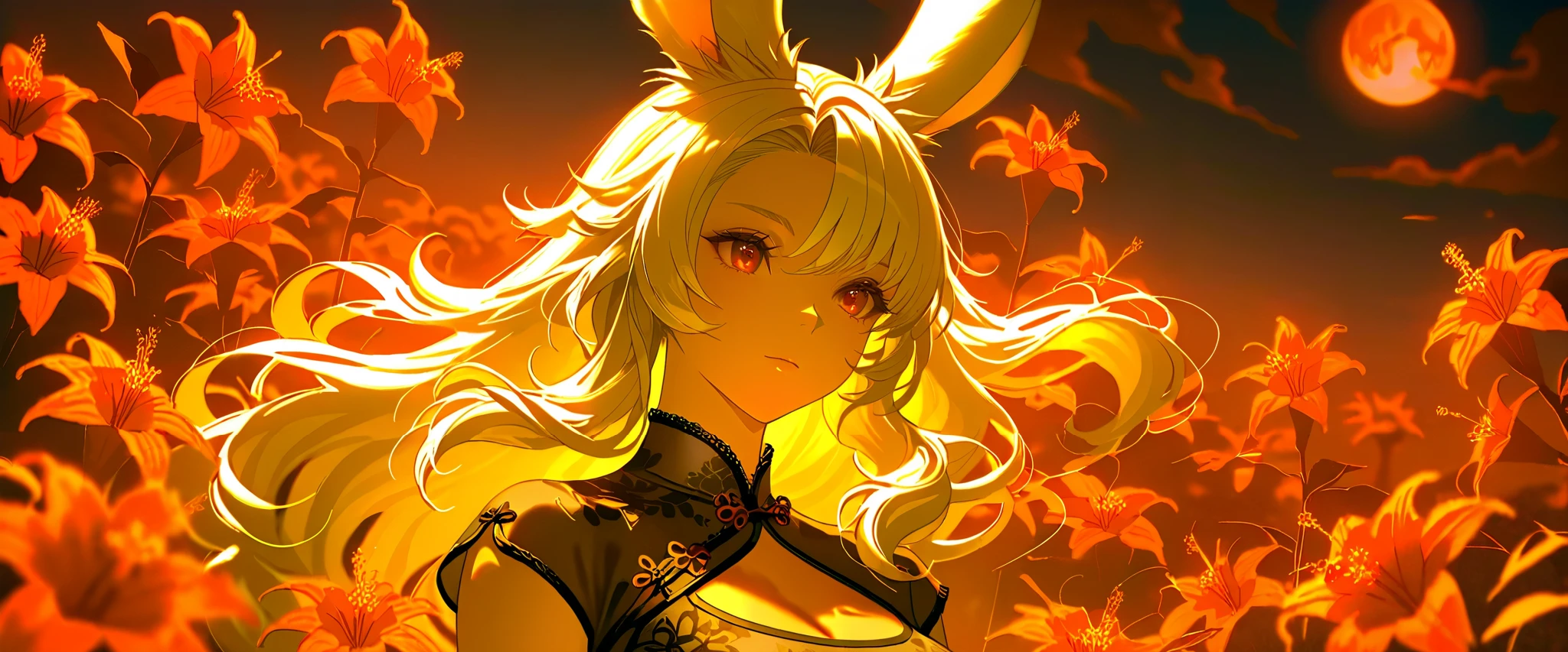 SFW, Final Fantasy Style , Takahashi Kazunari's masterpiece, depiction of faces expressed in great detail, Detailed Eyes 、Detailed faces、Hair drawn down to the smallest detail 、Solo Female Viera , beautiful , 32K, enchantment, masterpiece, top quality, , , blonde poop, long hair , (A woman in a transparent Chinese dress, ), Fantastic, soft focus, moonlit night, red moon, (bright red cluster amaryllis blooming all around:1.4).