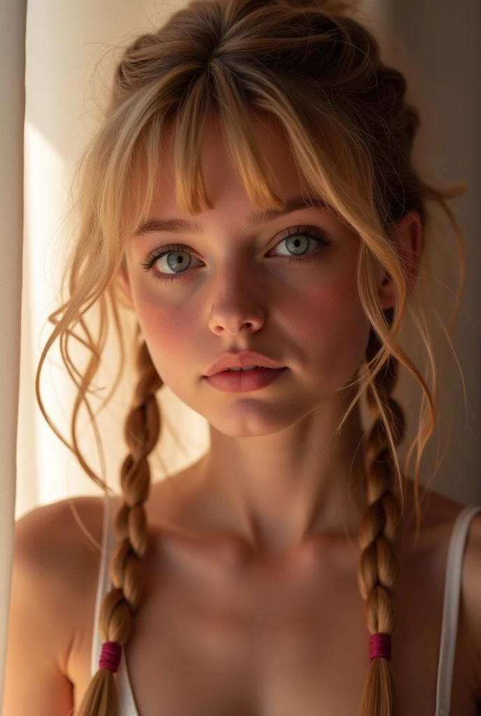 Symmetrical, High Detail RAW Color Photo Professional Photo, [:( High Detail Face: 1.2): 0.1], chloe grace moretz, pores, real skin, large breast focus, shining eyes, looking at the audience, shadow, bloom, natural lighting, hard focus, film grain, photographed with a Sony a9 II Mirrorless Camera, realistic, post-processing, maximum detail, beautiful thin blonde teen, large perky breasts, full body picture, panties, pig tails