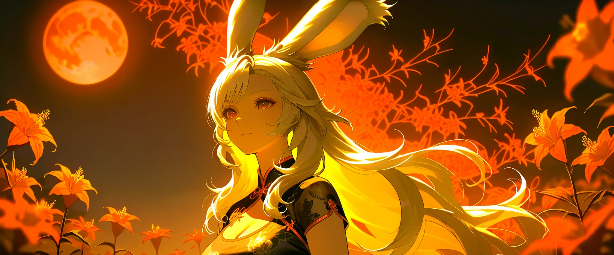 SFW, Final Fantasy Style , Takahashi Kazunari's masterpiece, depiction of faces expressed in great detail, Detailed Eyes 、Detailed faces、Hair drawn down to the smallest detail 、Solo Female Viera , beautiful , 32K, enchantment, masterpiece, top quality, , , blonde poop, long hair , (A woman in a transparent Chinese dress, ), Fantastic, soft focus, moonlit night, red moon, (bright red cluster amaryllis blooming all around:1.4).