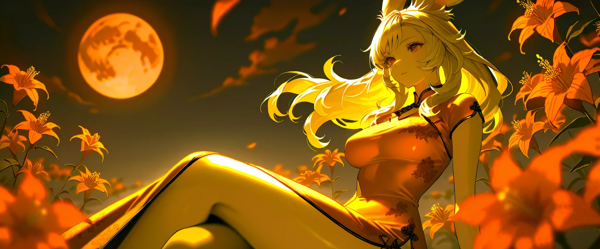 SFW, Final Fantasy Style , Takahashi Kazunari's masterpiece, depiction of faces expressed in great detail, Detailed Eyes 、Detailed faces、Hair drawn down to the smallest detail 、Solo Female Viera , beautiful , 32K, enchantment, masterpiece, top quality, , , blonde poop, long hair , (A woman in a transparent Chinese dress, ), Fantastic, soft focus, moonlit night, red moon, (bright red cluster amaryllis blooming all around:1.4).