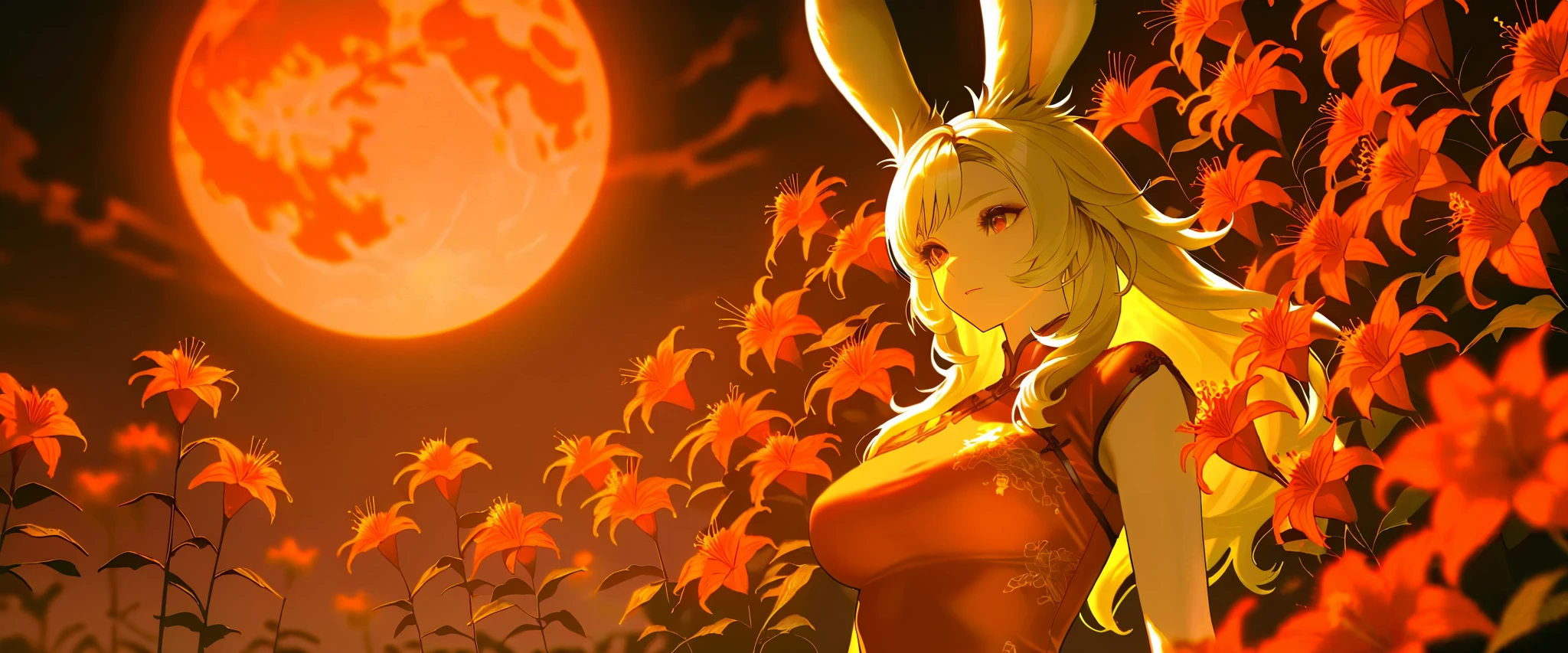 SFW, Final Fantasy Style , Takahashi Kazunari's masterpiece, depiction of faces expressed in great detail, Detailed Eyes 、Detailed faces、Hair drawn down to the smallest detail 、Solo Female Viera , beautiful , 32K, enchantment, masterpiece, top quality, , , blonde poop, long hair , (A woman in a transparent Chinese dress, ), Fantastic, soft focus, moonlit night, red moon, (bright red cluster amaryllis blooming all around:1.4).