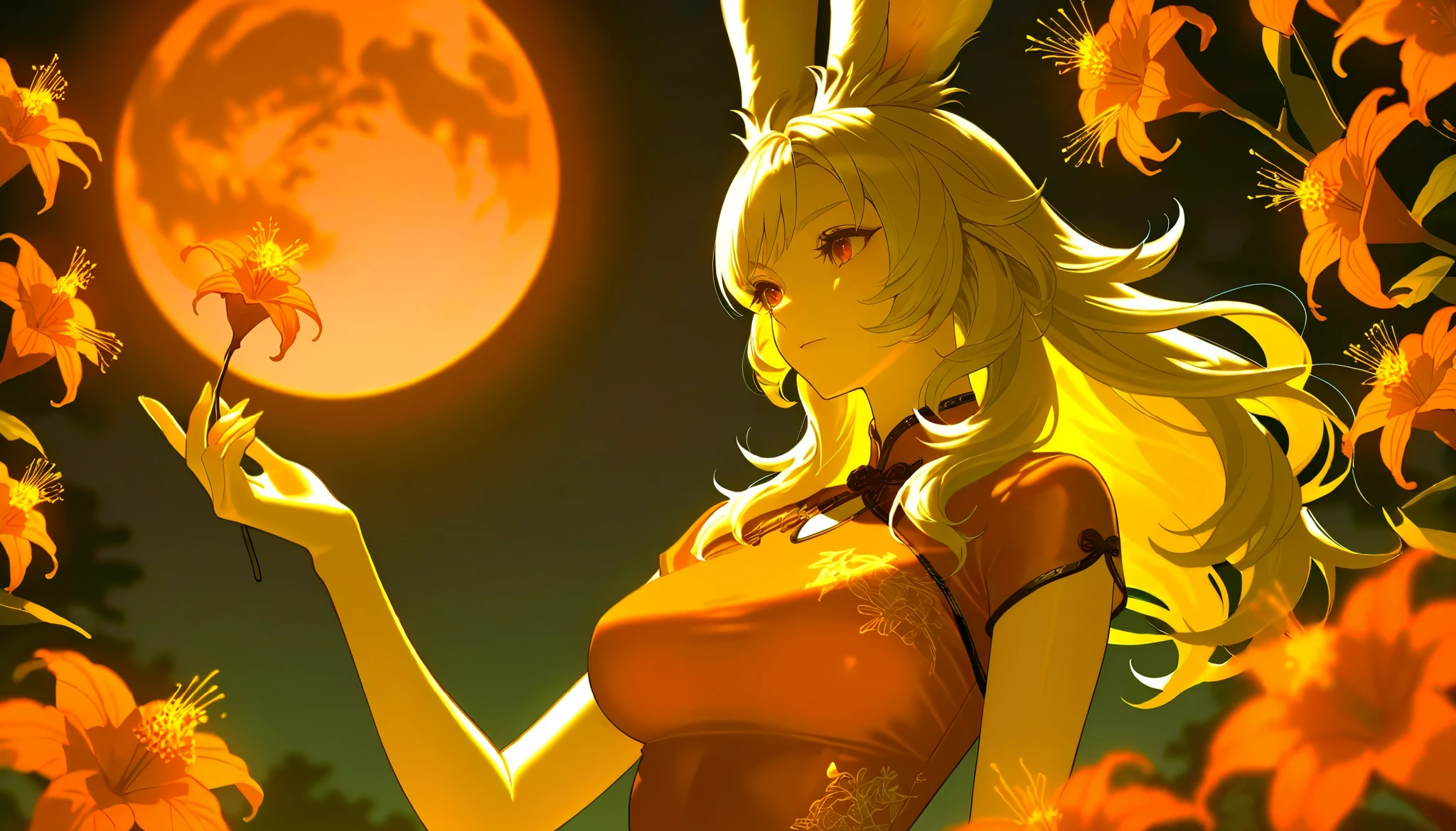 SFW, Final Fantasy Style , Takahashi Kazunari's masterpiece, depiction of faces expressed in great detail, Detailed Eyes 、Detailed faces、Hair drawn down to the smallest detail 、Solo Female Viera , beautiful , 32K, enchantment, masterpiece, top quality, , , blonde poop, long hair , (A woman in a transparent Chinese dress, ), Fantastic, soft focus, moonlit night, red moon, (bright red cluster amaryllis blooming all around:1.4).