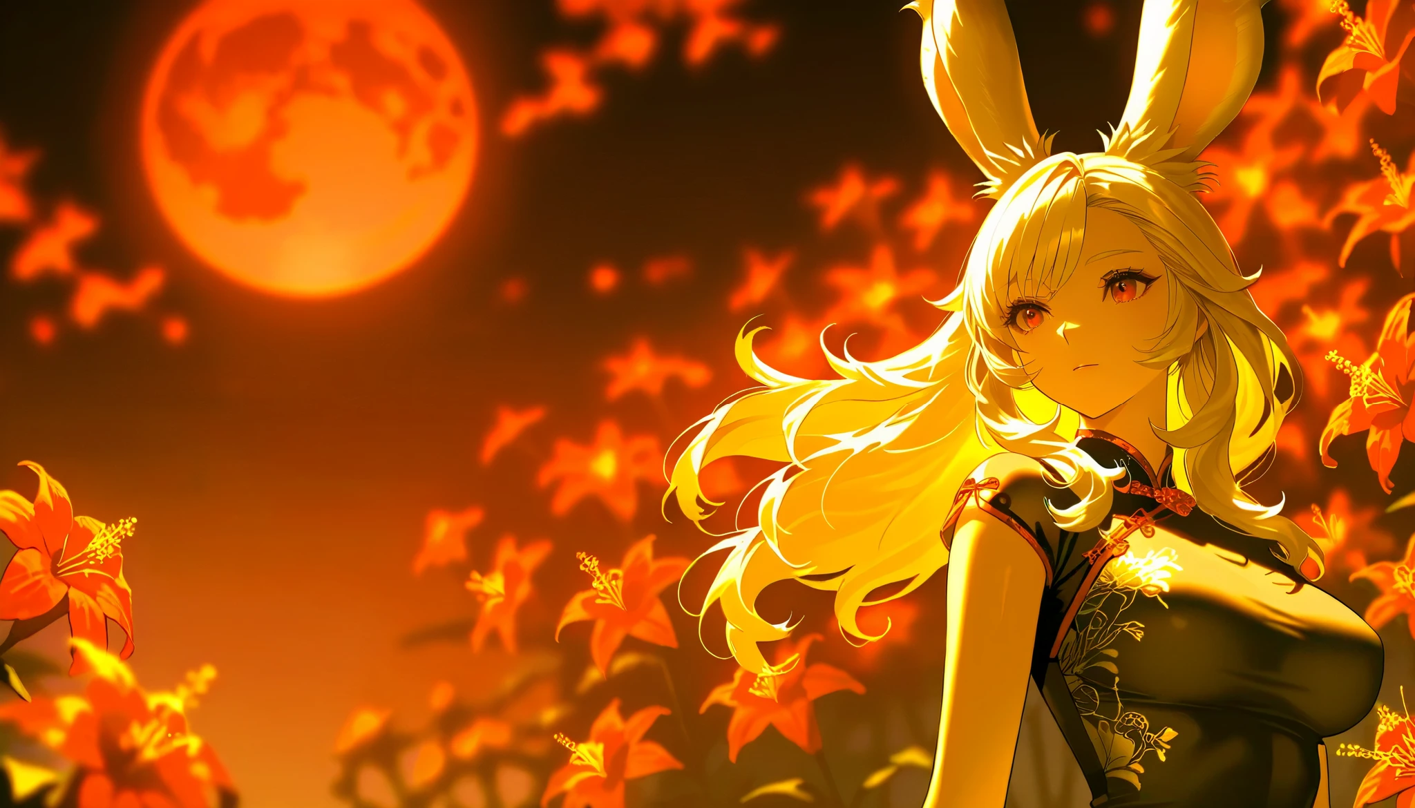 SFW, Final Fantasy Style , Takahashi Kazunari's masterpiece, depiction of faces expressed in great detail, Detailed Eyes 、Detailed faces、Hair drawn down to the smallest detail 、Solo Female Viera , beautiful , 32K, enchantment, masterpiece, top quality, , , blonde poop, long hair , (A woman in a transparent Chinese dress, ), Fantastic, soft focus, moonlit night, red moon, (bright red cluster amaryllis blooming all around:1.4).