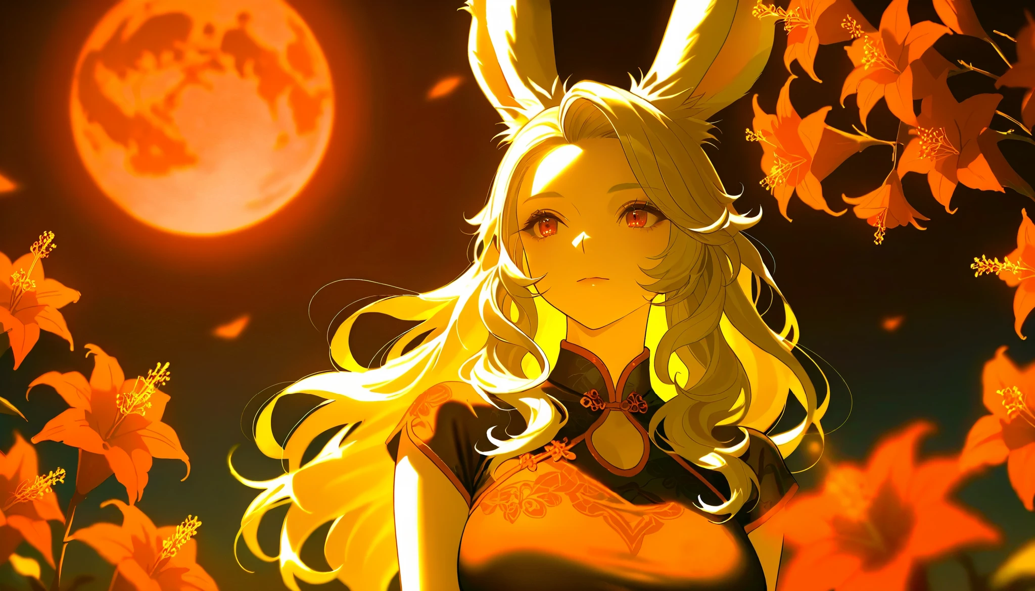 SFW, Final Fantasy Style , Takahashi Kazunari's masterpiece, depiction of faces expressed in great detail, Detailed Eyes 、Detailed faces、Hair drawn down to the smallest detail 、Solo Female Viera , beautiful , 32K, enchantment, masterpiece, top quality, , , blonde poop, long hair , (A woman in a transparent Chinese dress, ), Fantastic, soft focus, moonlit night, red moon, (bright red cluster amaryllis blooming all around:1.4).