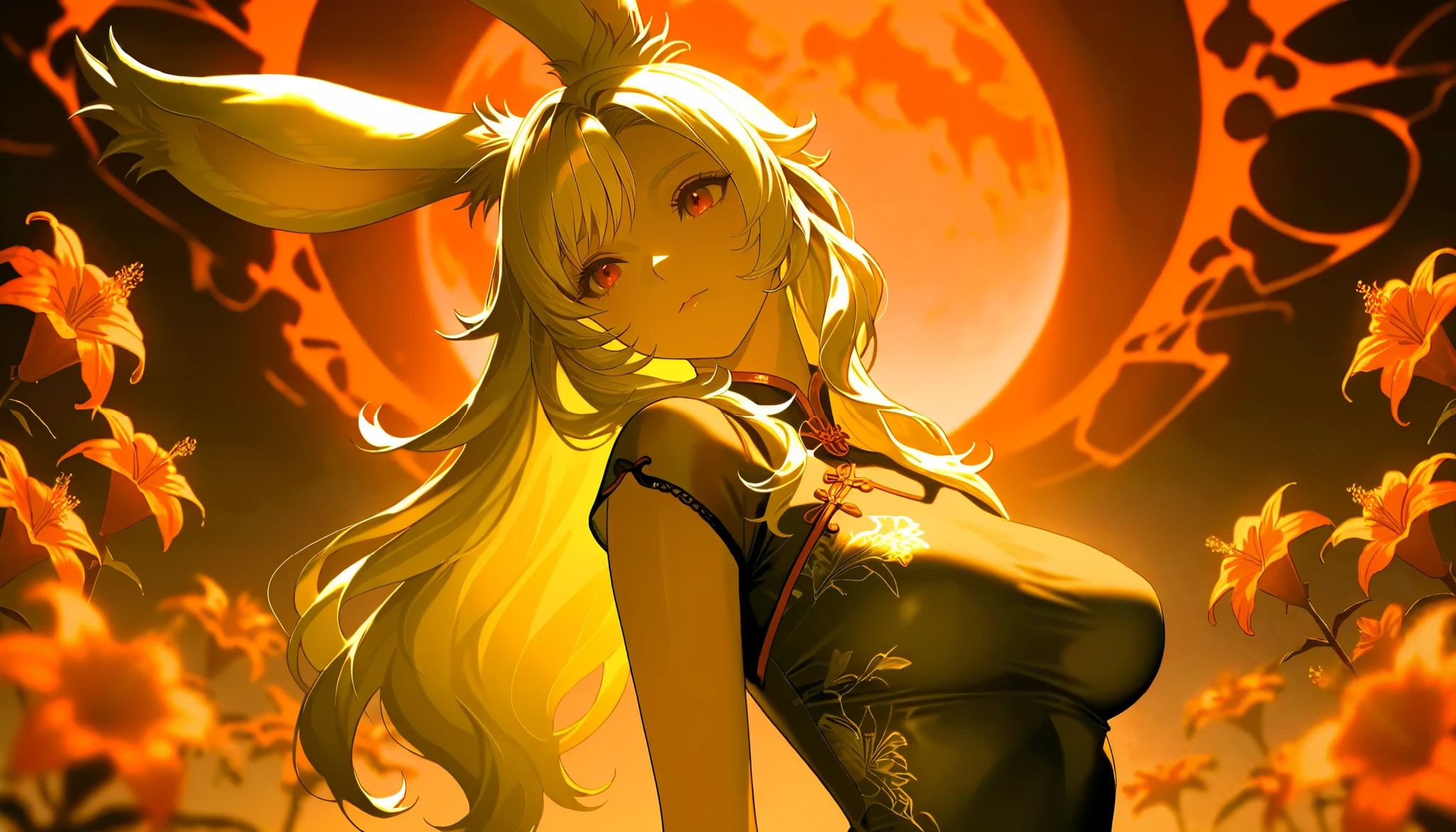 SFW, Final Fantasy Style , Takahashi Kazunari's masterpiece, depiction of faces expressed in great detail, Detailed Eyes 、Detailed faces、Hair drawn down to the smallest detail 、Solo Female Viera , beautiful , 32K, enchantment, masterpiece, top quality, , , blonde poop, long hair , (A woman in a transparent Chinese dress, ), Fantastic, soft focus, moonlit night, red moon, (bright red cluster amaryllis blooming all around:1.4).