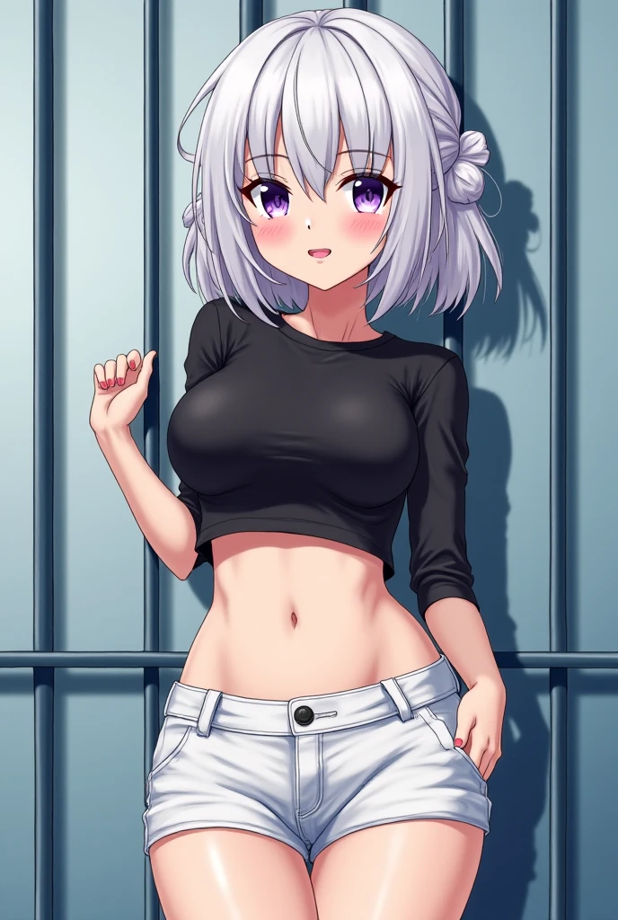 short hair,show off nipples,huge breasts,mock neck top,black shirt, tight shirt, Sleeveless,masterpiece, best quality, highly quality ,Aya-Natsume-KJ, pants, underboob,denim, jeans, unzipped, , (photorealistic:1.2) , ahoge,(((pubic hair)))