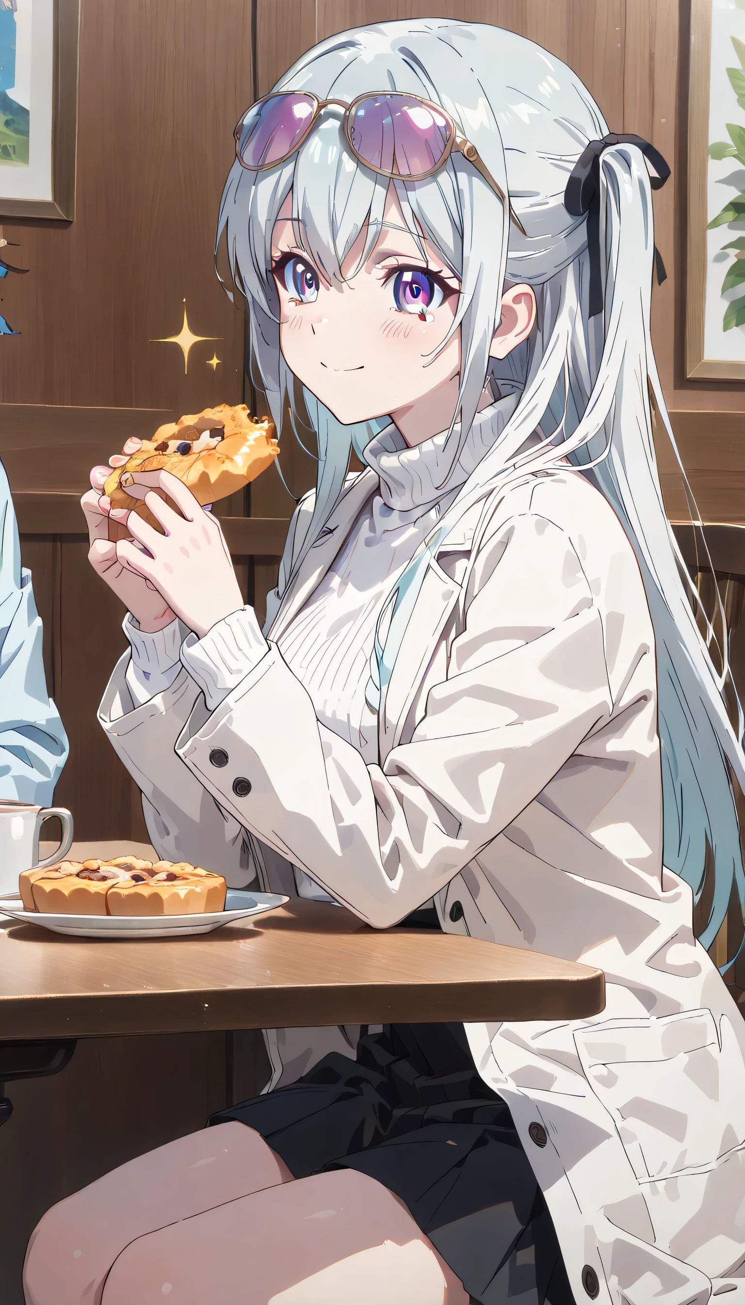 ((ultra-detailed)), (highly detailed CG illustration), (best quality:1.2), ultra-highly detailed, colorful composition, artistic photoshoot, 1girl, solo focus, ((thigh to top:1.4)), ((cowboy shot:1.4)), moe anime character, super popular super idol, age girl, dainty facial structure, (baby face), (round face), ((rounded chin:1.2)), ((ideal ratio body proportions)), celia-default, celia claire, blue eyes, sparkle eyes, ((closed eyes)), ((silver hair color)), ((two side up)), ample breast, ((teardrop sunglasses with light brown lens color:1.4)), ((camel coat)), pale white turtleneck sweater, light blue high-waist long skirt, ((delicious:1.4)), ((smile:1.4)), ((happy:1.4)), ((joyful:1.4)), ((sit on the cafe terrace:1.4)), ((eating biscuit:1.4)), from side, best quality, masterpiece, expecting, pink cheek, blush, light pink gloss slip, portrait, depth of field, poured sunlight, sidelighting, (shine), lighting, caustics, ray tracing, perfect face, lustrous skin, highly detailed face, highly detailed eyes, perfect face, perfect nose, perfect hair, perfect eyes, perfect anatomy, beautiful hair, beautiful small face, extremely detailed face, beautiful detailed eyes, beautiful clavicle, beautiful body, beautiful huge breasts, leavage, breasts squeezed together, equalize the size of the left and right breasts, beautiful thin thighs, beautiful legs, beautiful fingers, 4 fingers, 1 thumb, lovely, (very detailed background:1.0), (highly detailed background:1.0), intricate details, joyful atmosphere, colorful and sparkling colors palette, chromatic aberration