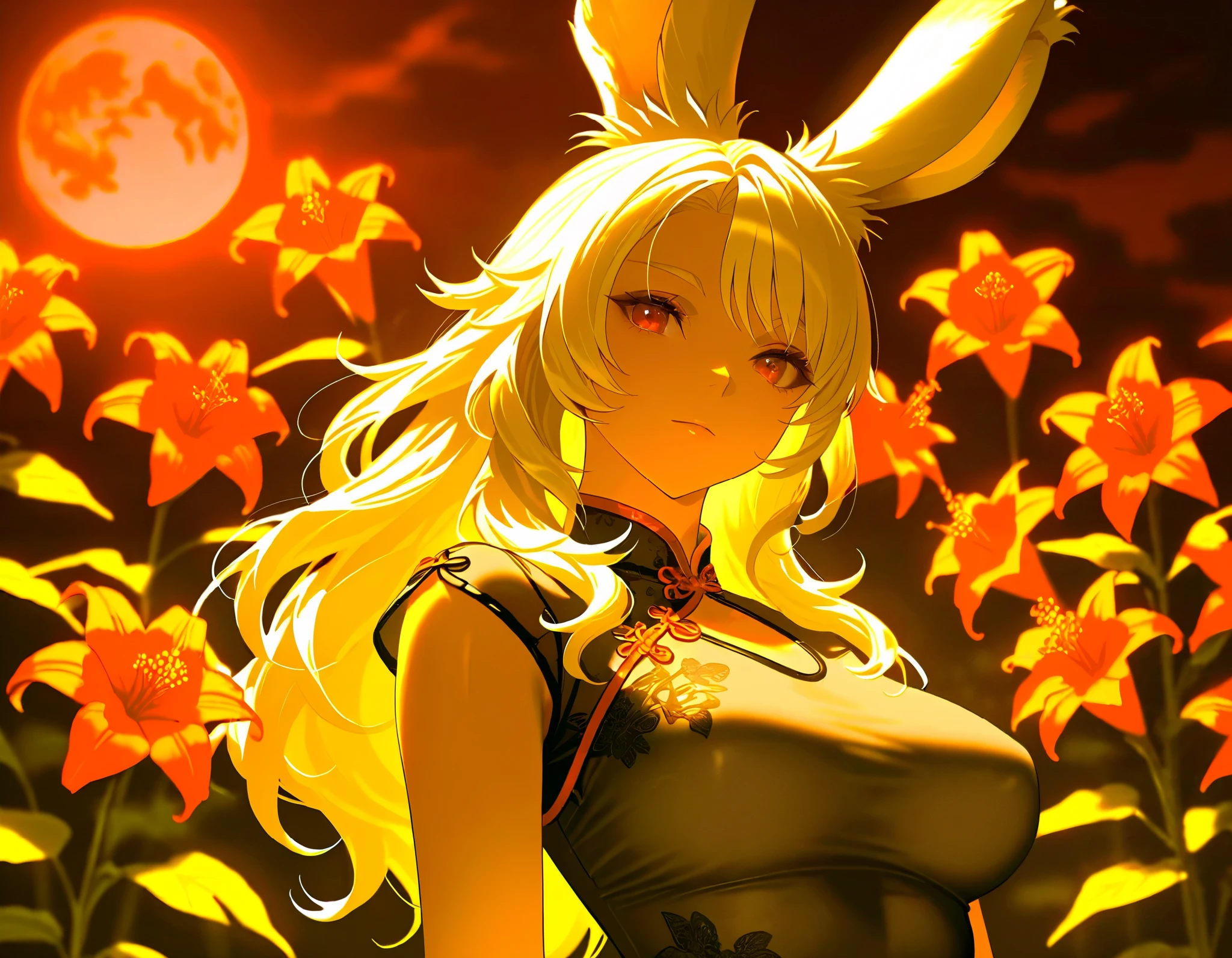 SFW, Final Fantasy Style , Takahashi Kazunari's masterpiece, depiction of faces expressed in great detail, Detailed Eyes 、Detailed faces、Hair drawn down to the smallest detail 、Solo Female Viera , beautiful , 32K, enchantment, masterpiece, top quality, , , blonde poop, long hair , (A woman in a transparent Chinese dress, ), Fantastic, soft focus, moonlit night, red moon, (bright red cluster amaryllis blooming all around:1.4).