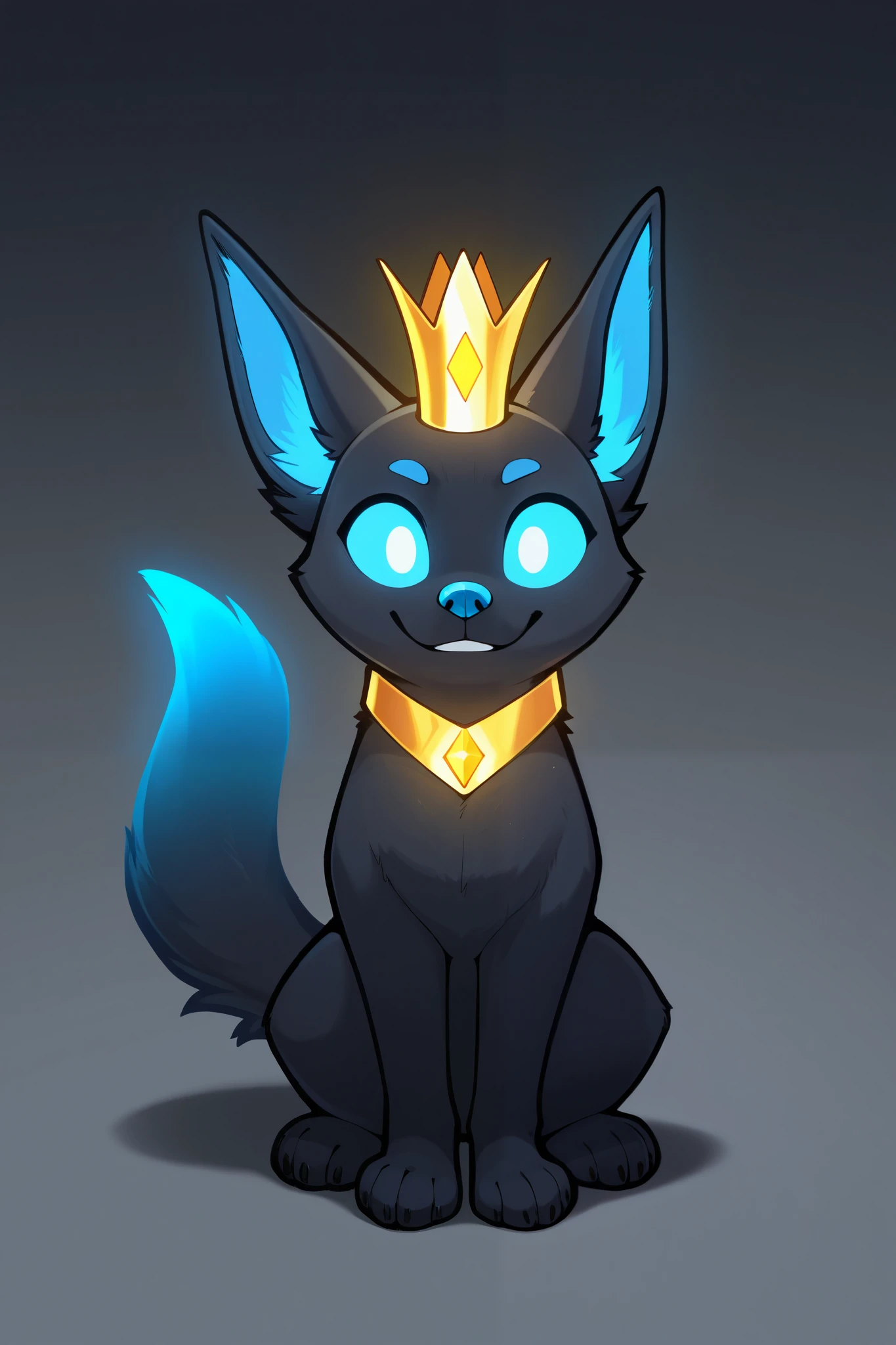 A futuristic, smiling blue dog with a sleek gradient fur effect, transitioning from deep navy to electric blue. The dog wears a Big glowing yellow crown, radiating soft golden light. The background is dark with a smooth black gradient, subtly fading into deep gray or blue for a premium aesthetic. The dog's eyes are expressive and friendly, with a slight shimmer reflecting the glow of the crown. The overall style is modern and polished, perfect for a social media profile picture."
